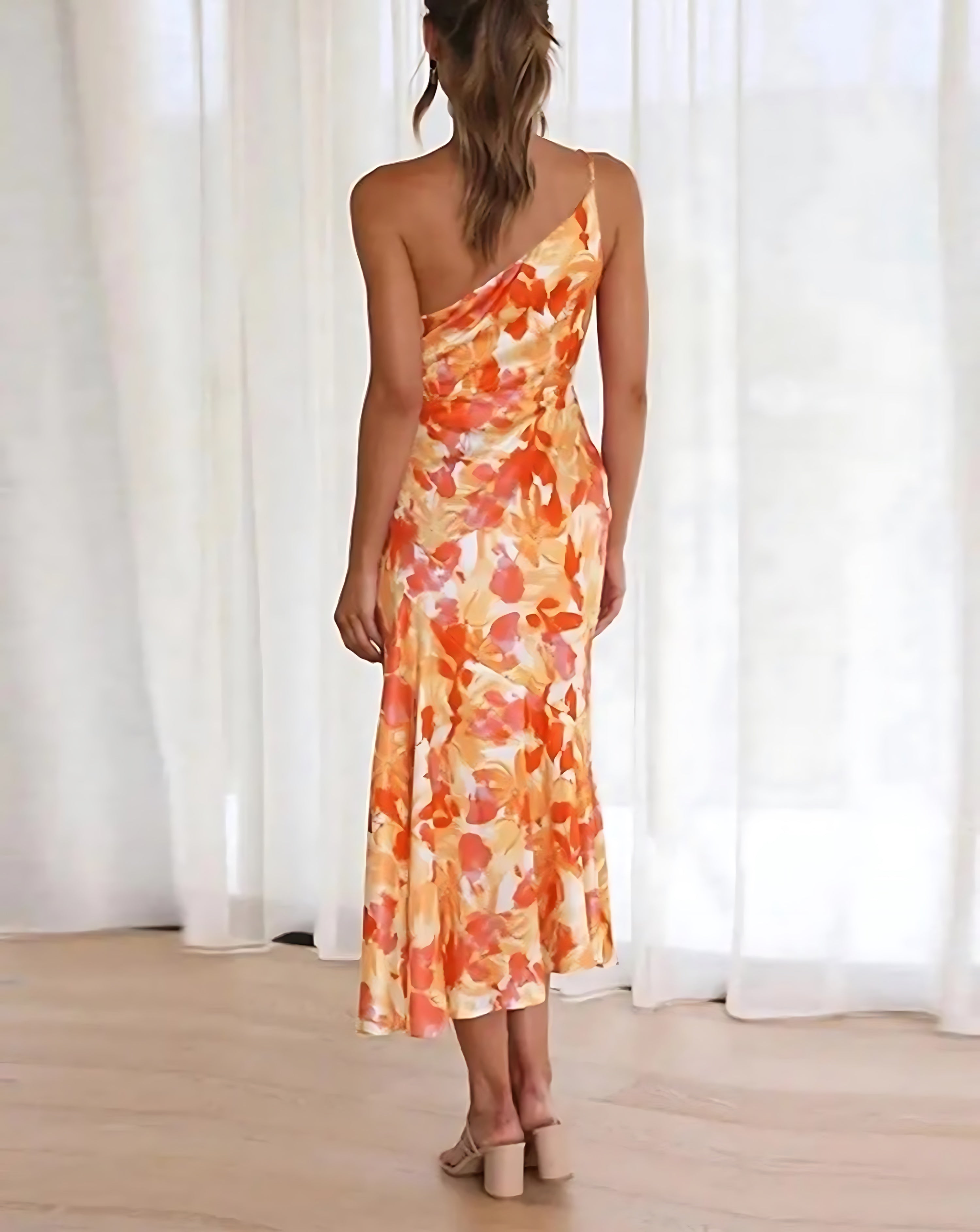 June – Floral Print One Shoulder Ruffle Maxi Dress