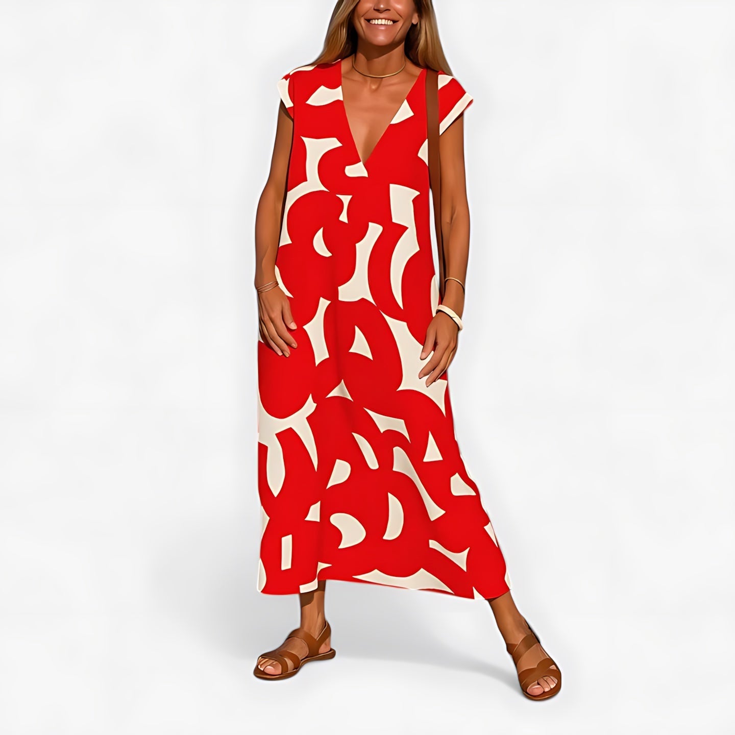 Juniper – Abstract Print V Neck Flowy Maxi Dress