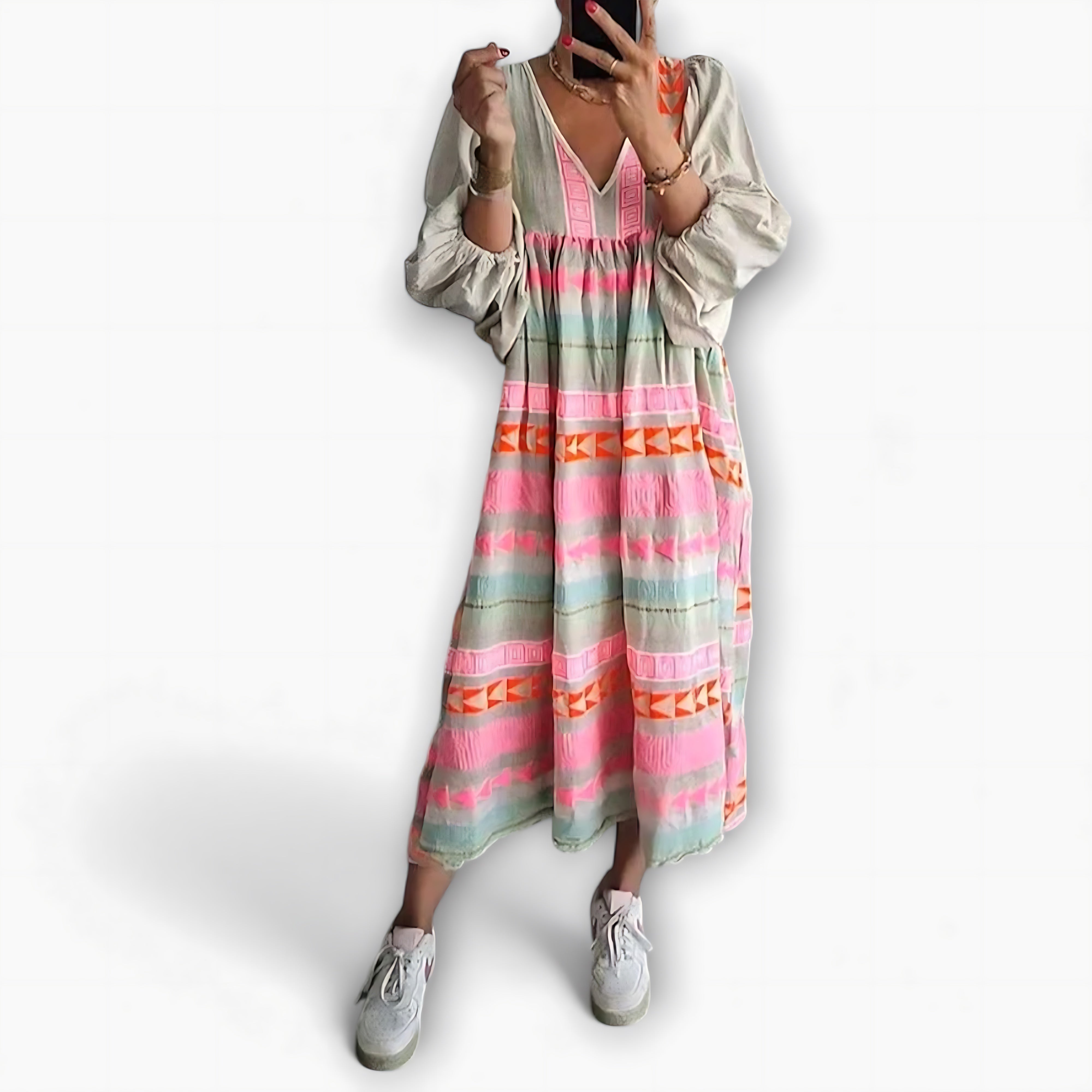 Juniper – Boho Print V Neck Tiered Maxi Dress