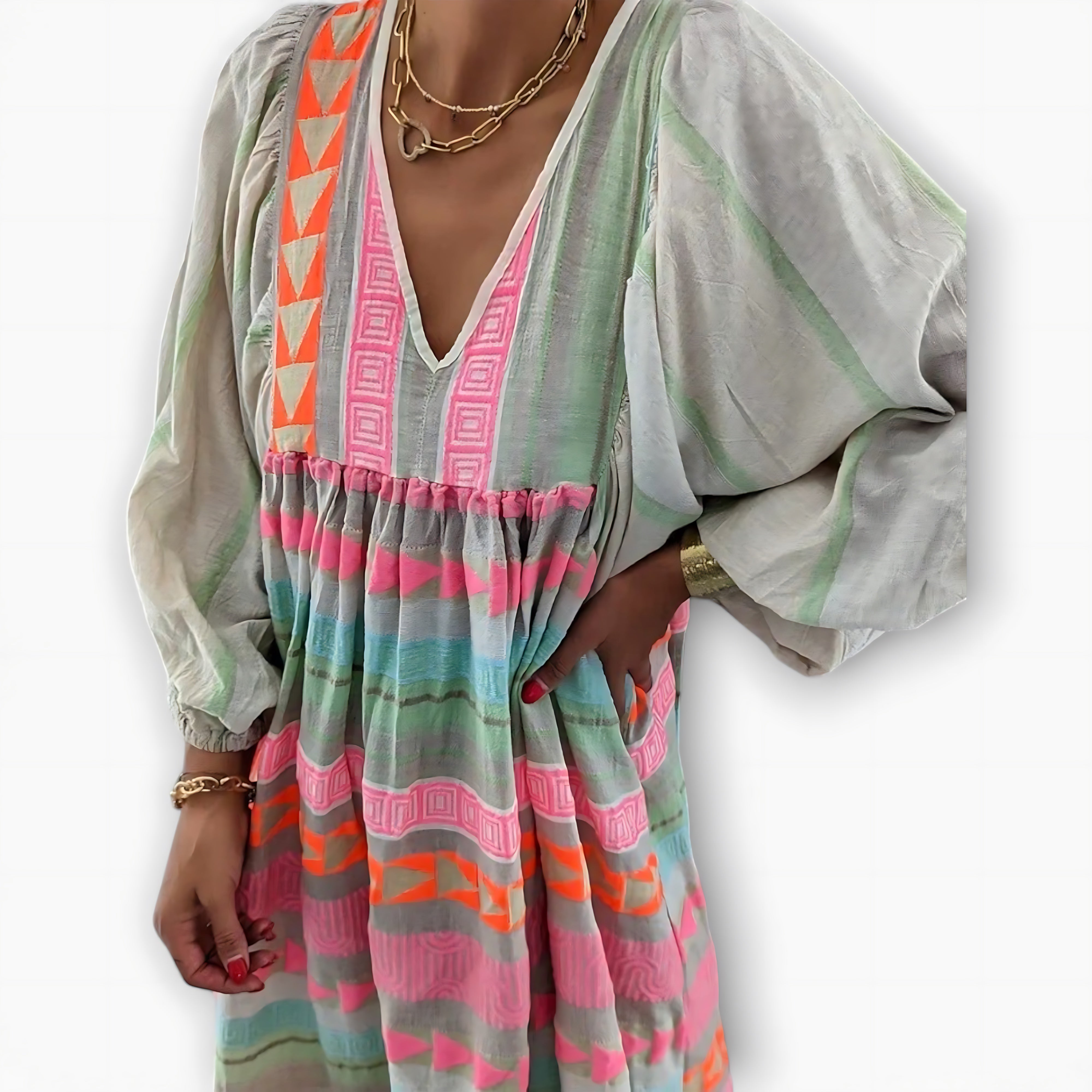 Juniper – Boho Print V Neck Tiered Maxi Dress