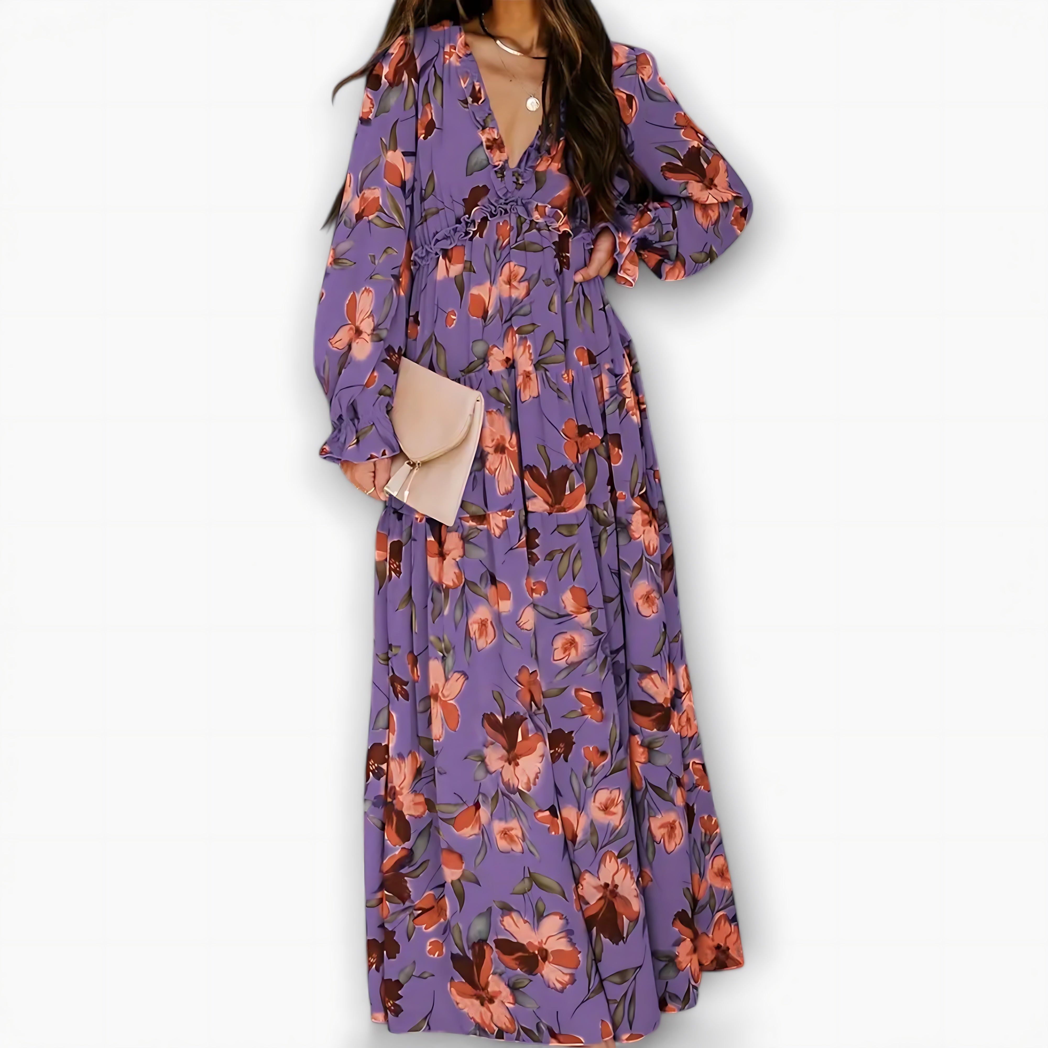 Kennedy – Floral V Neck Long Sleeve Tiered Maxi Dress