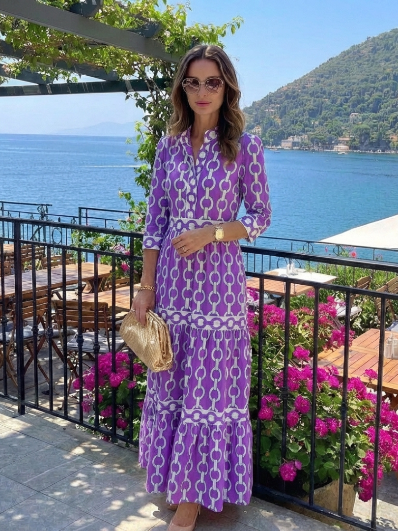 Josie – Geometric Print Tiered Maxi Shirt Dress