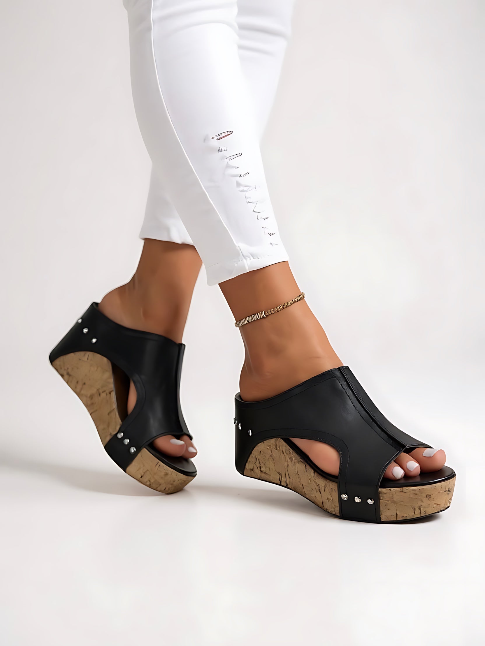 Kinsley – Cutout Peep Toe Wedge Mules