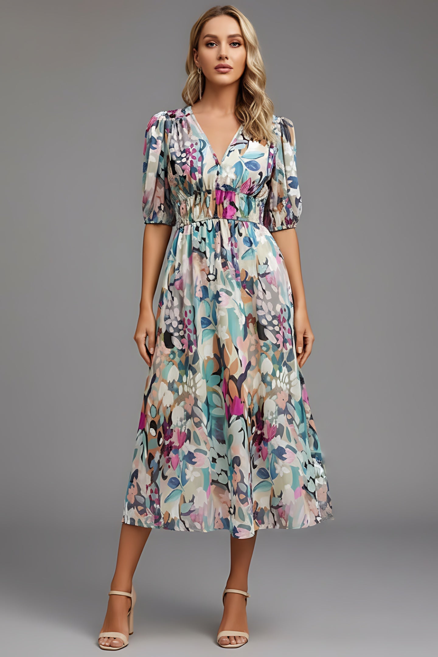 Kinsley – Floral V Neck Puff Sleeve Maxi Dress