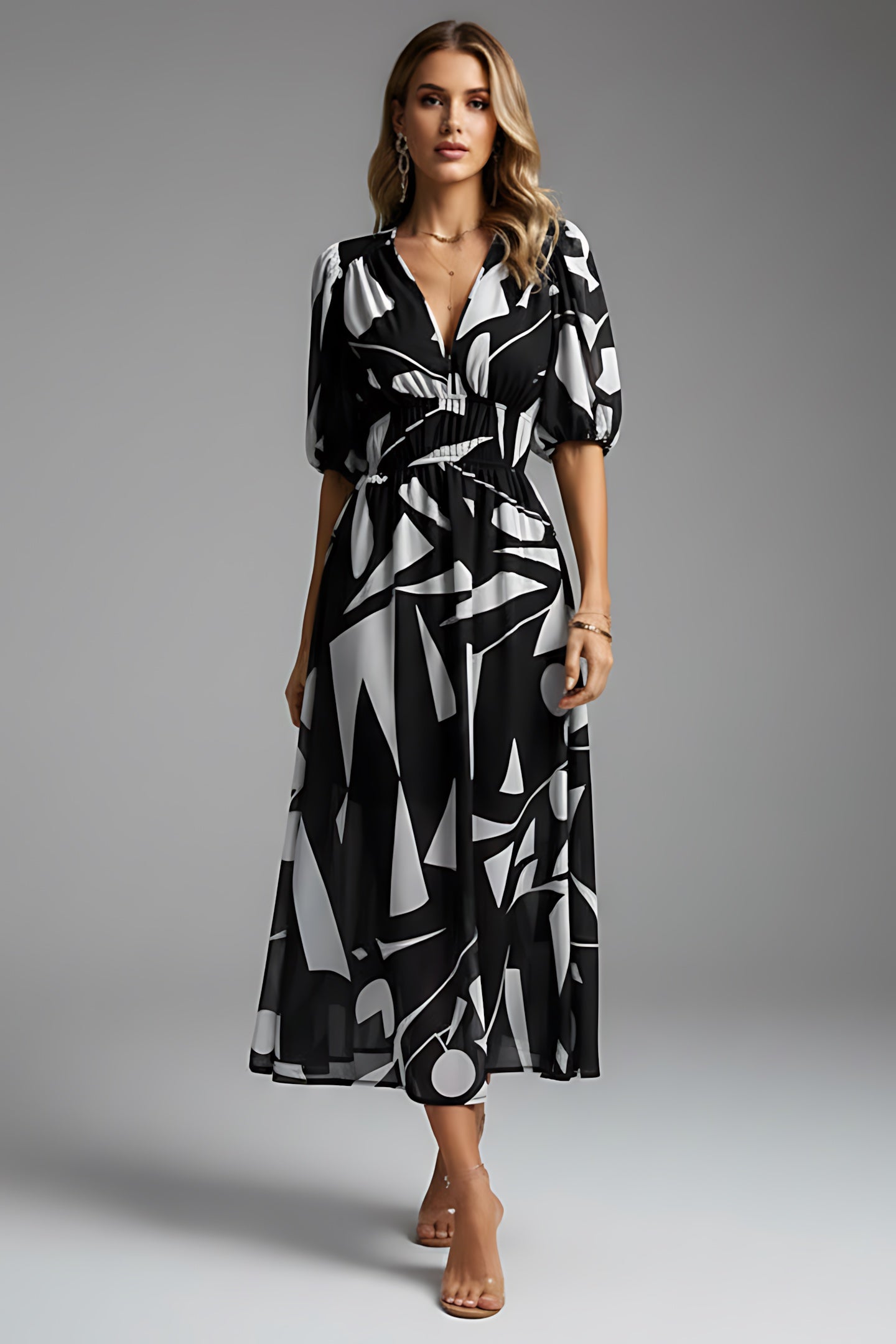 Kinsley – Floral V Neck Puff Sleeve Maxi Dress