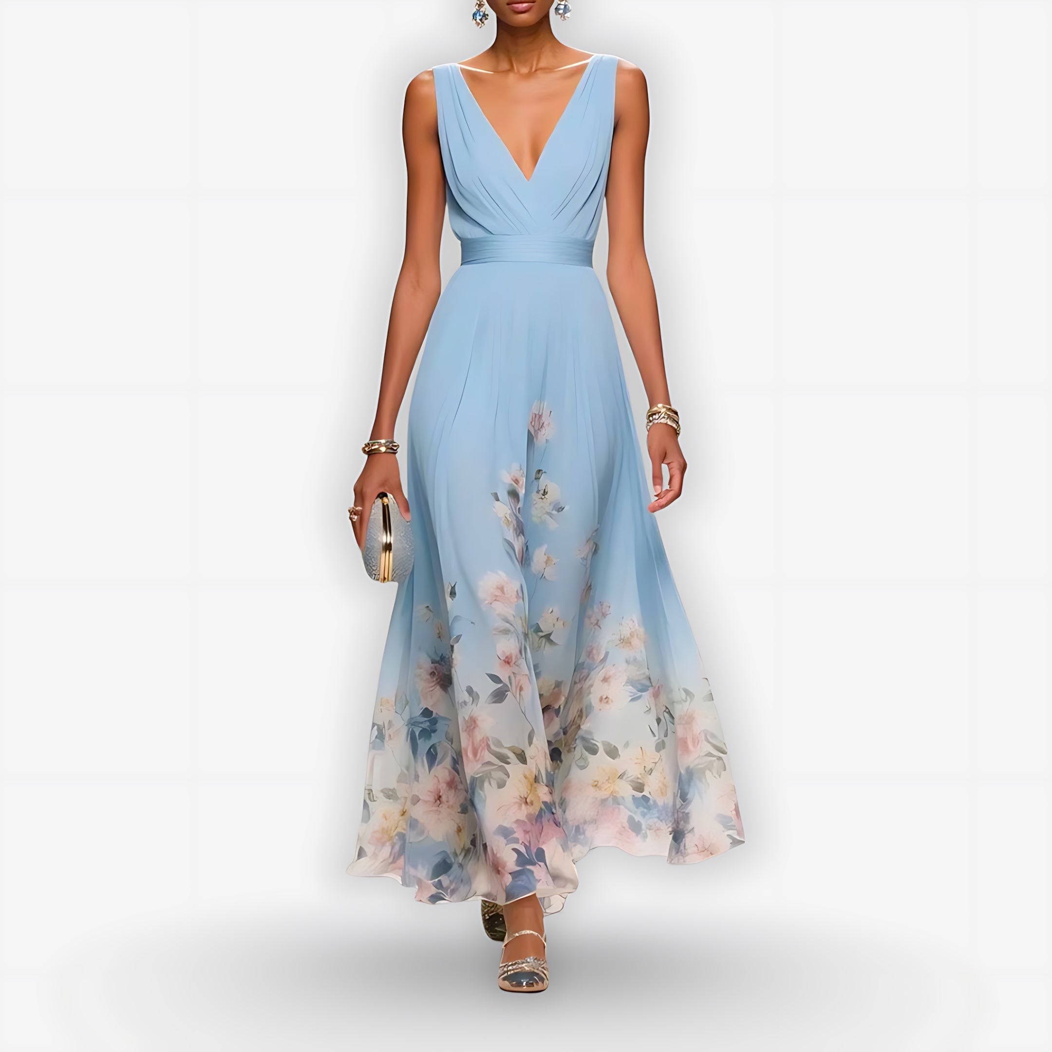 Lainey – Floral Print V Neck A-Line Maxi Dress