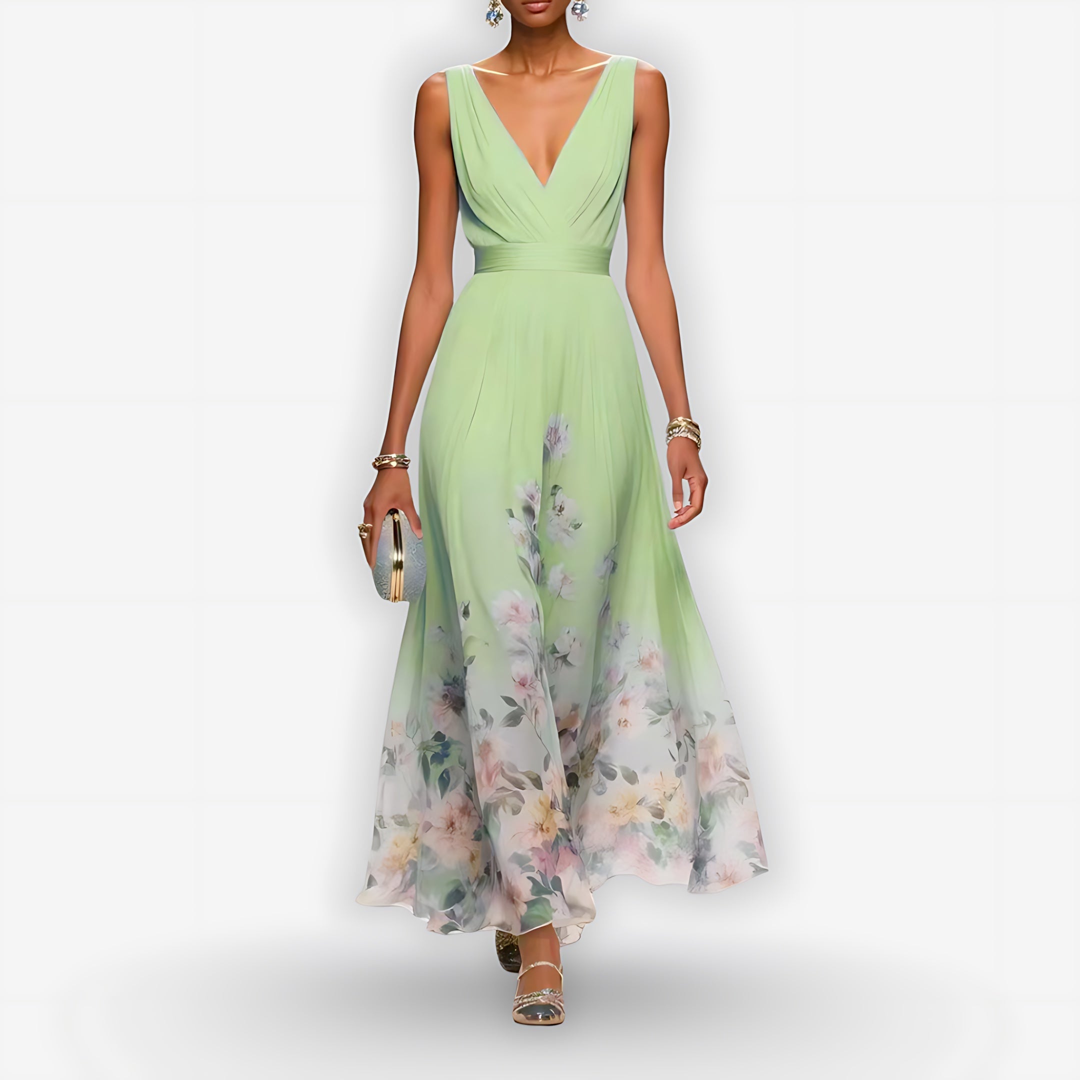 Lainey – Floral Print V Neck A-Line Maxi Dress