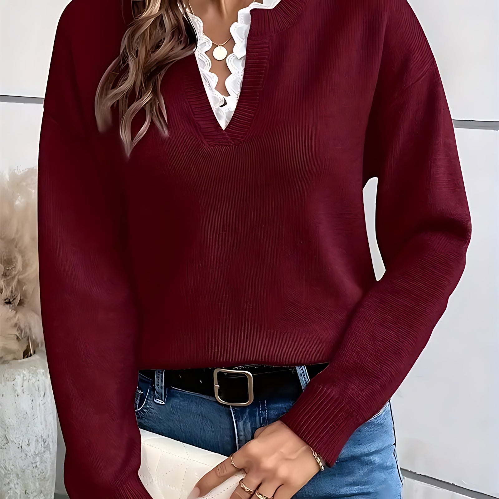 Lainey – Lace Trim Split Neck Knit Sweater