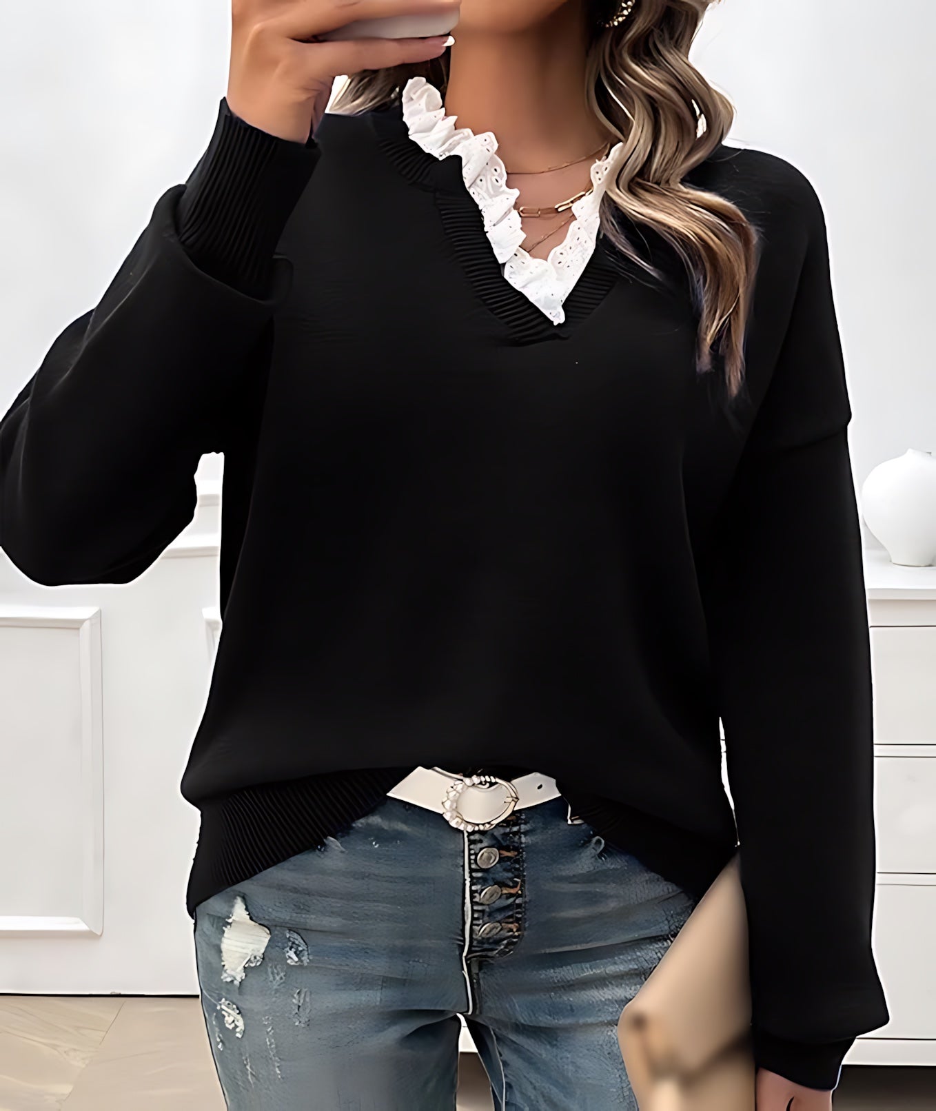 Lainey – Lace Trim Split Neck Knit Sweater