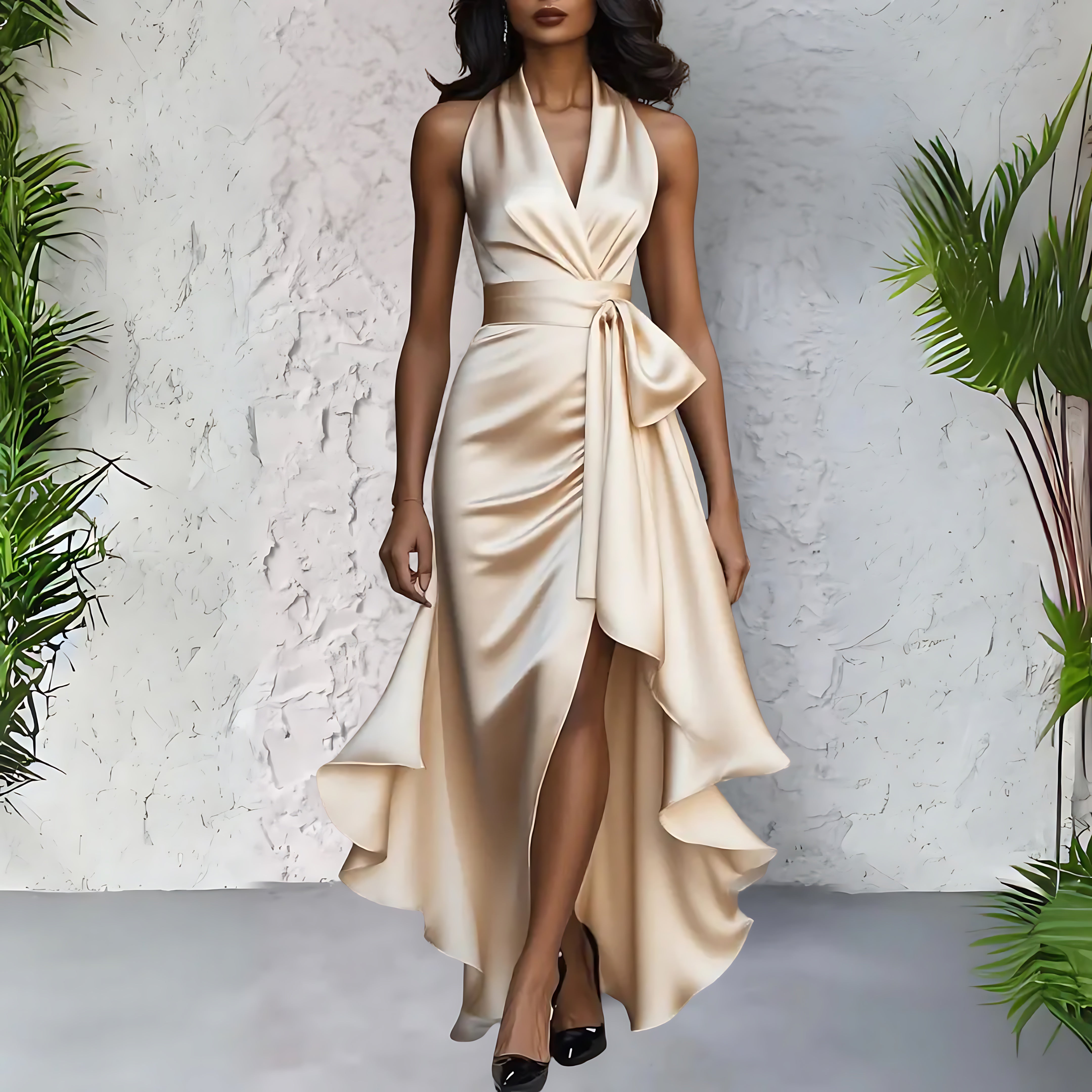 Lainey – Satin Halter Neck Wrap Wedding Guest Maxi Dress
