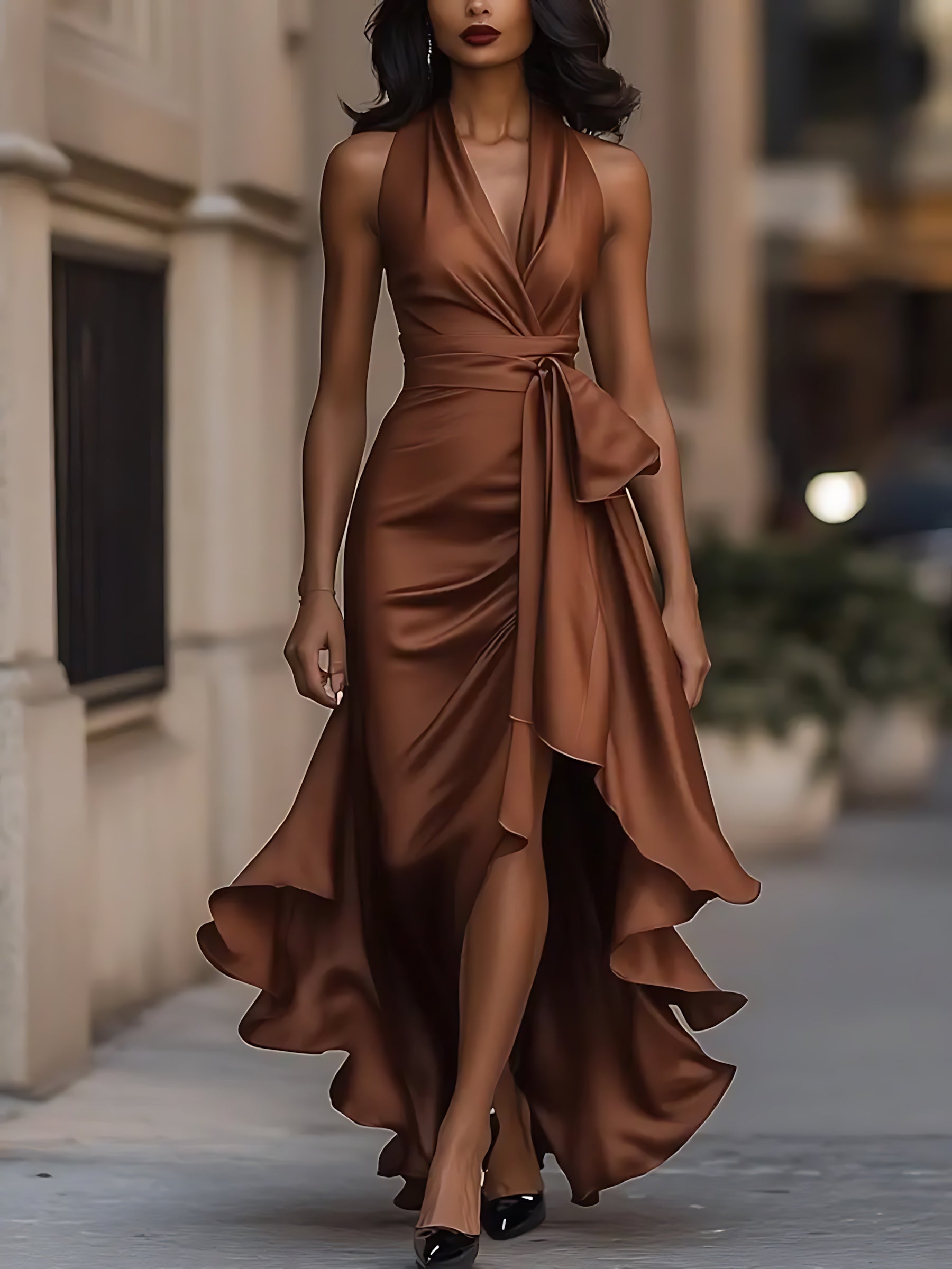 Lainey – Satin Halter Neck Wrap Wedding Guest Maxi Dress