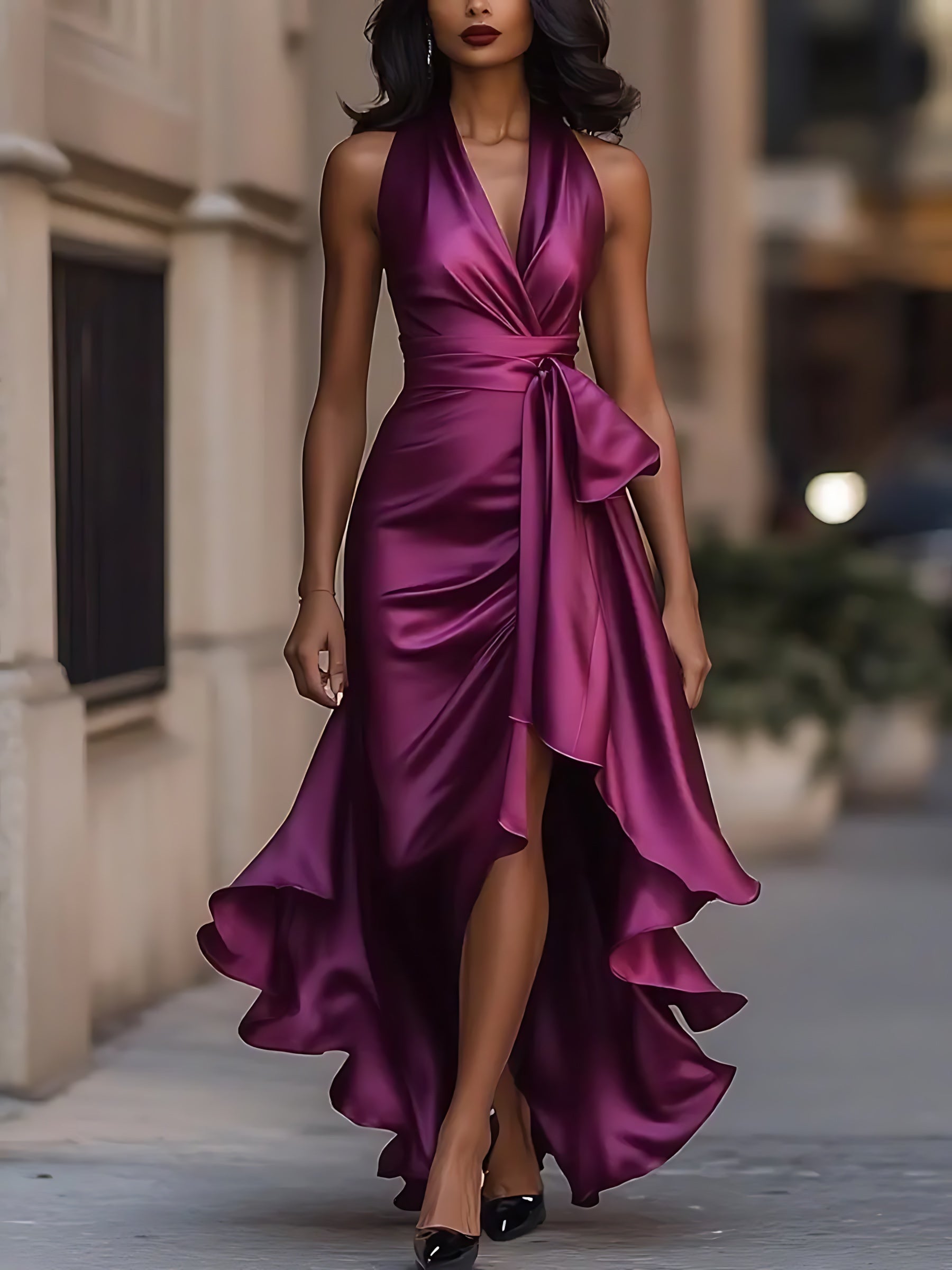 Lainey – Satin Halter Neck Wrap Wedding Guest Maxi Dress