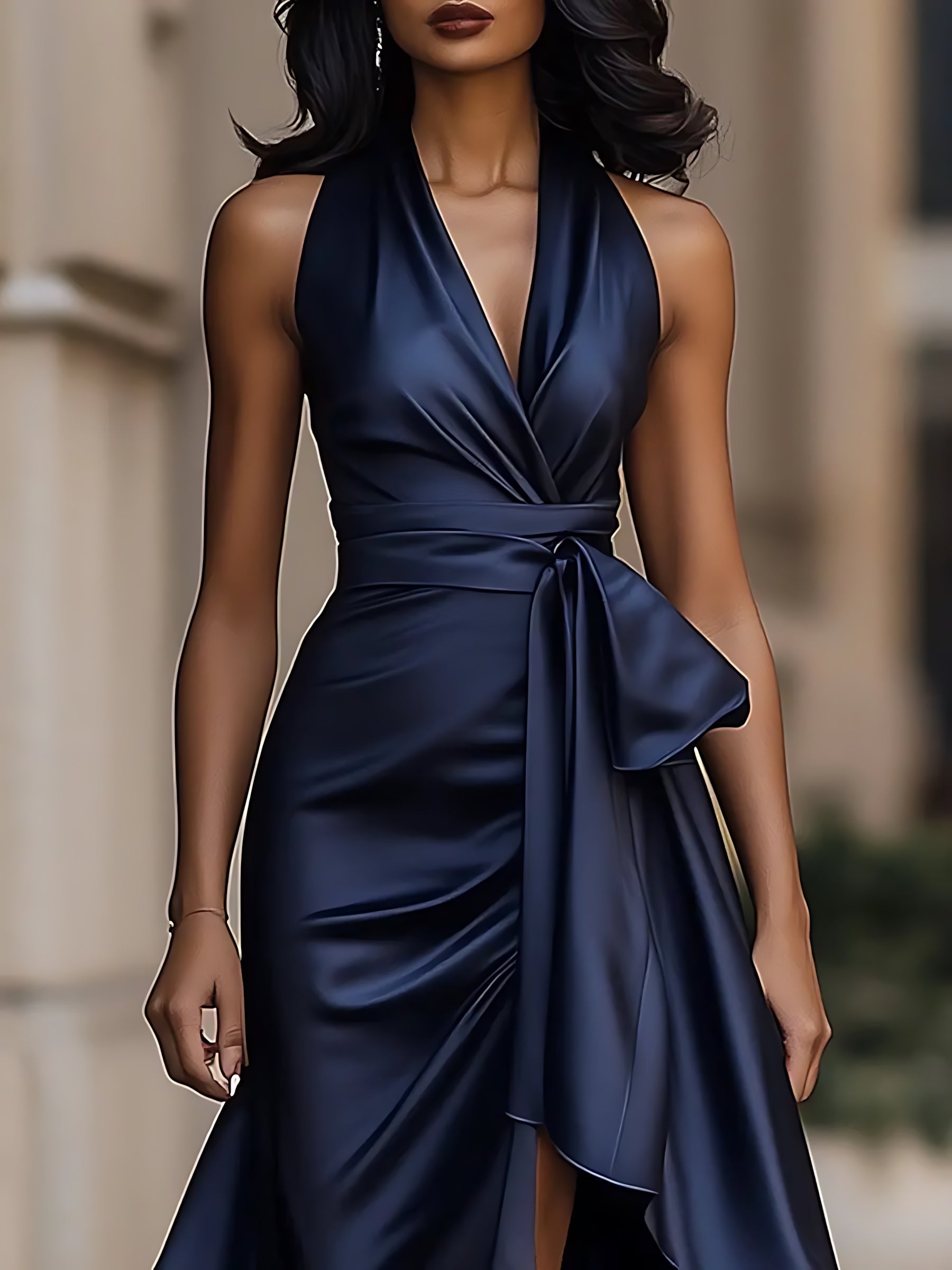 Lainey – Satin Halter Neck Wrap Wedding Guest Maxi Dress