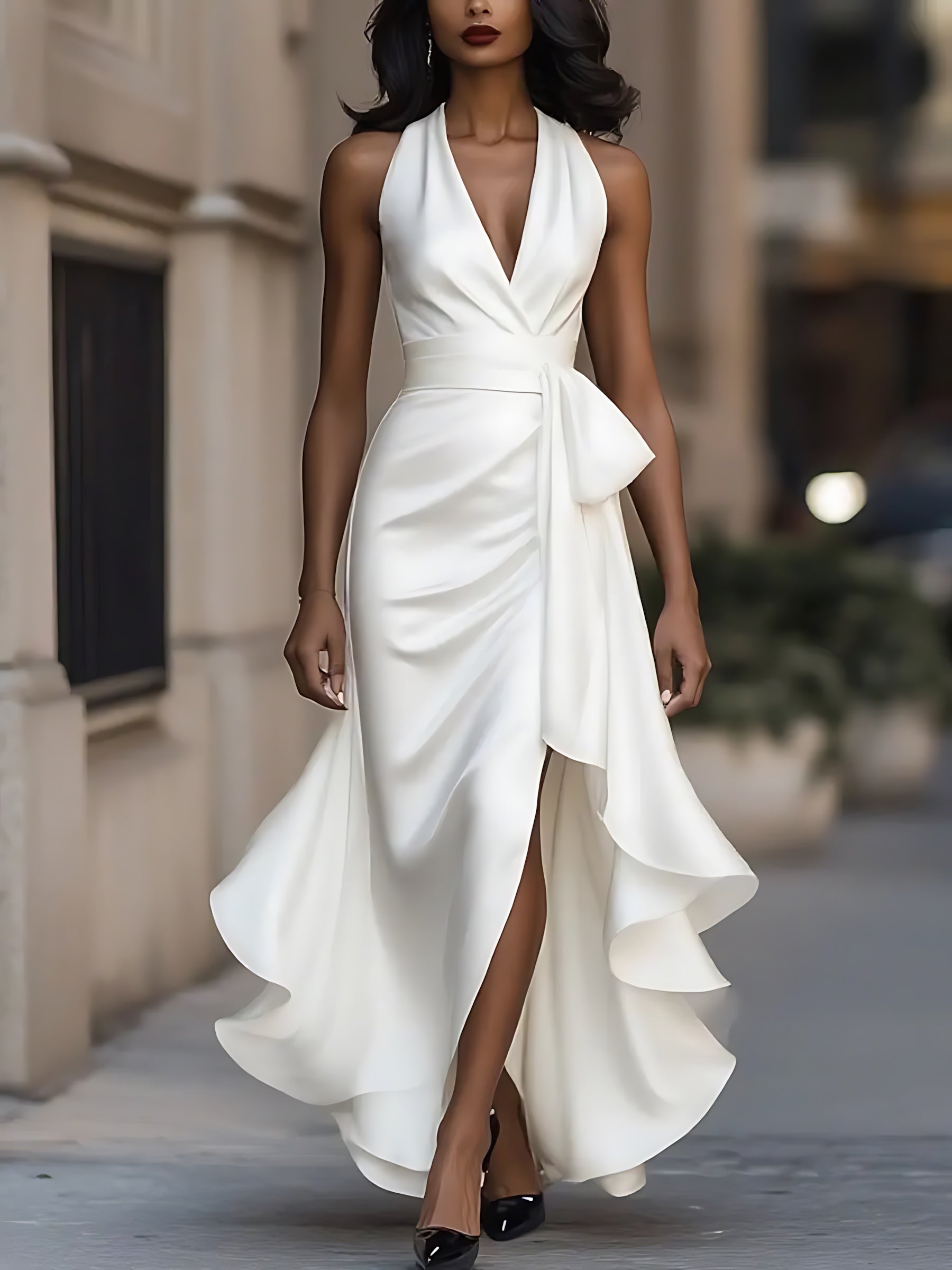 Lainey – Satin Halter Neck Wrap Wedding Guest Maxi Dress