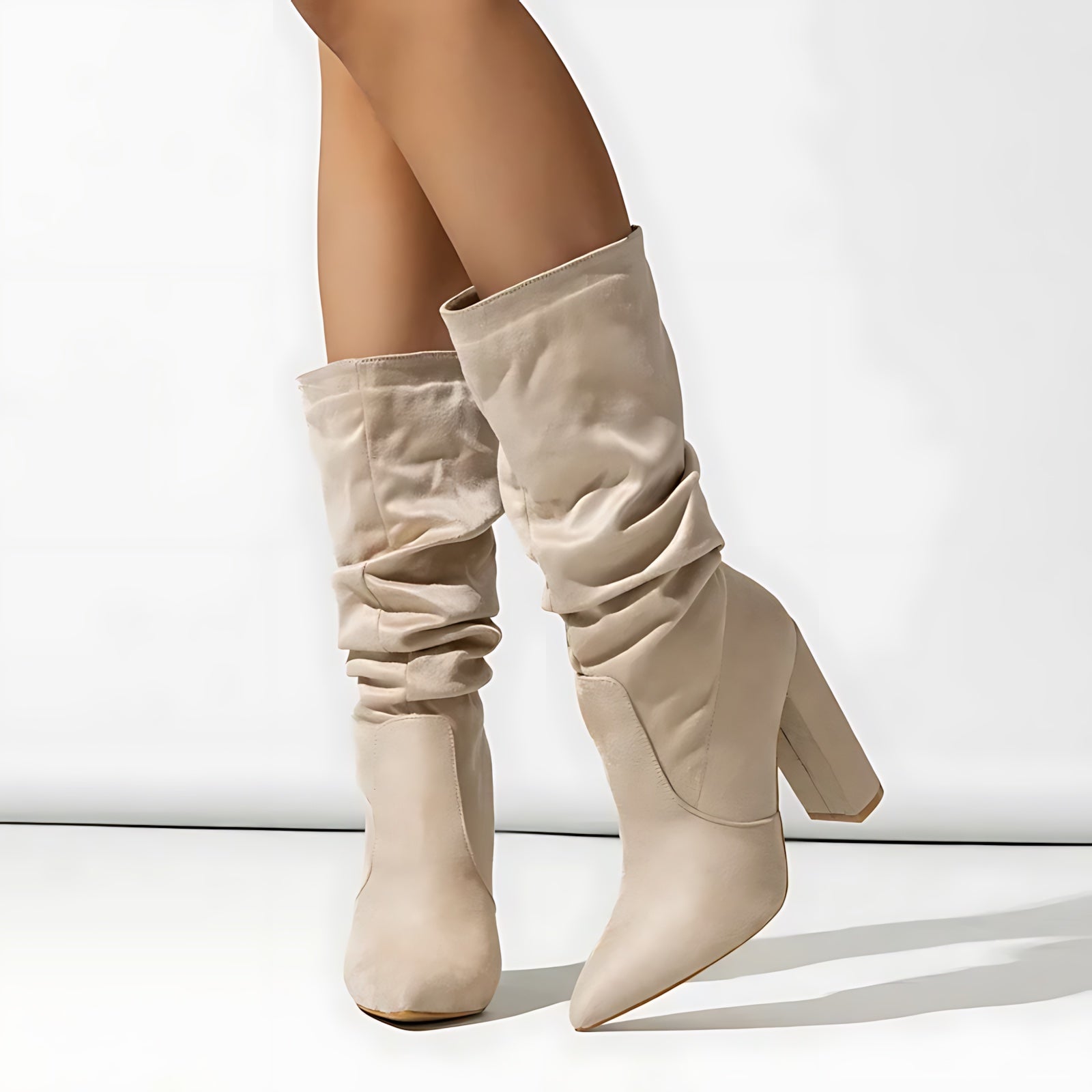 Lainey – Suede Slouchy Block Heel Mid Calf Boots