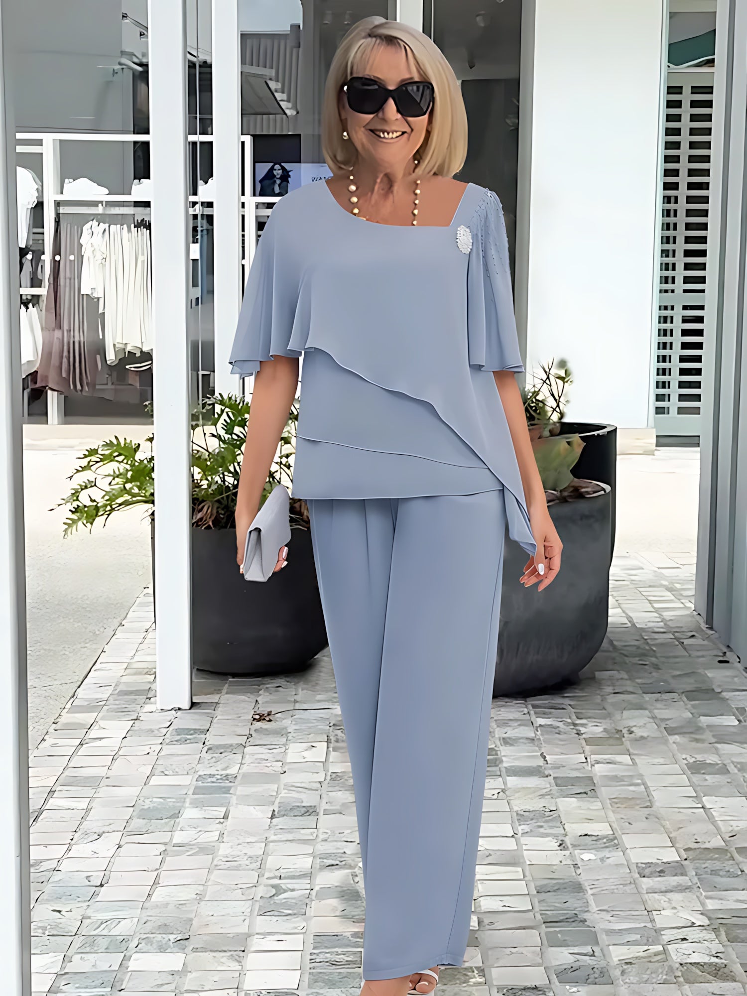 Lainey – Three Quarter Sleeve Tiered Top and Wide Leg Pants Set