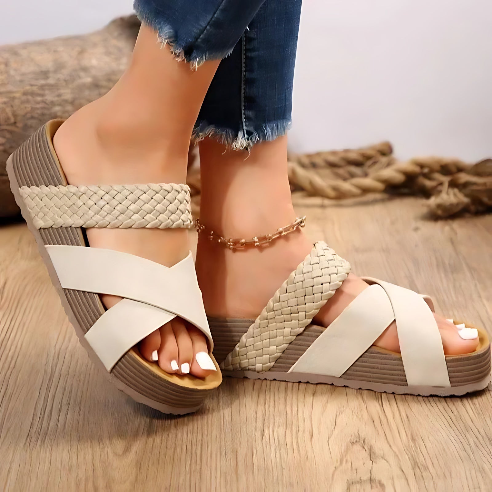 Lainey – Woven Crisscross Slide Wedge Sandals
