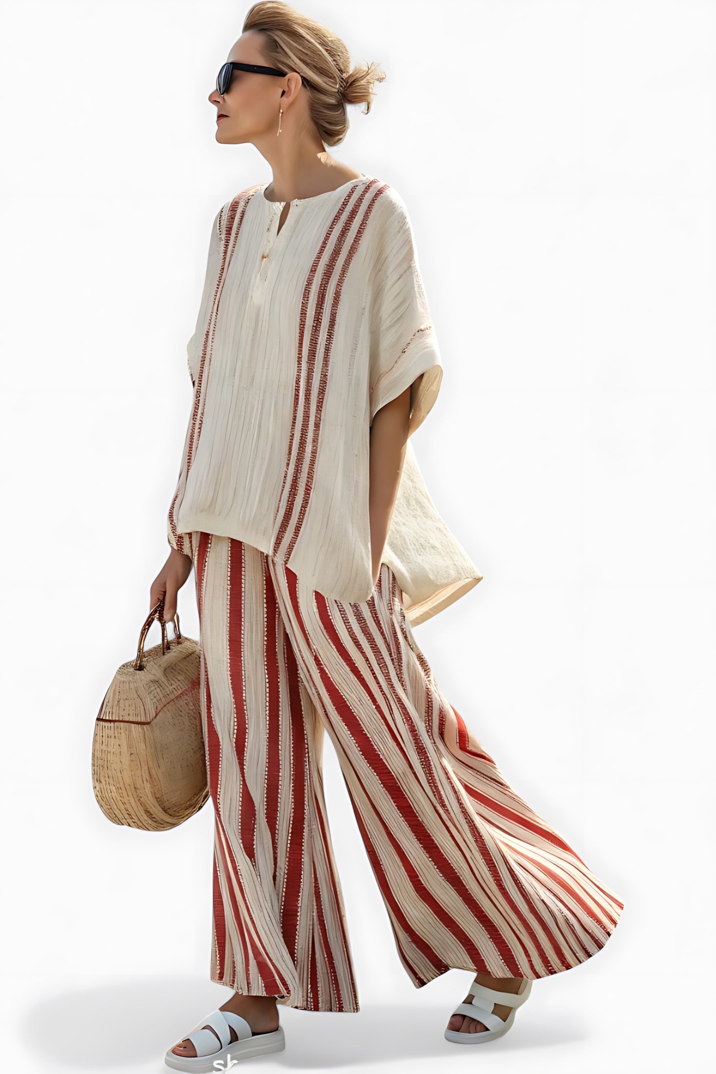 Layla – Striped Short Sleeve Top and Wide Leg Pants Set