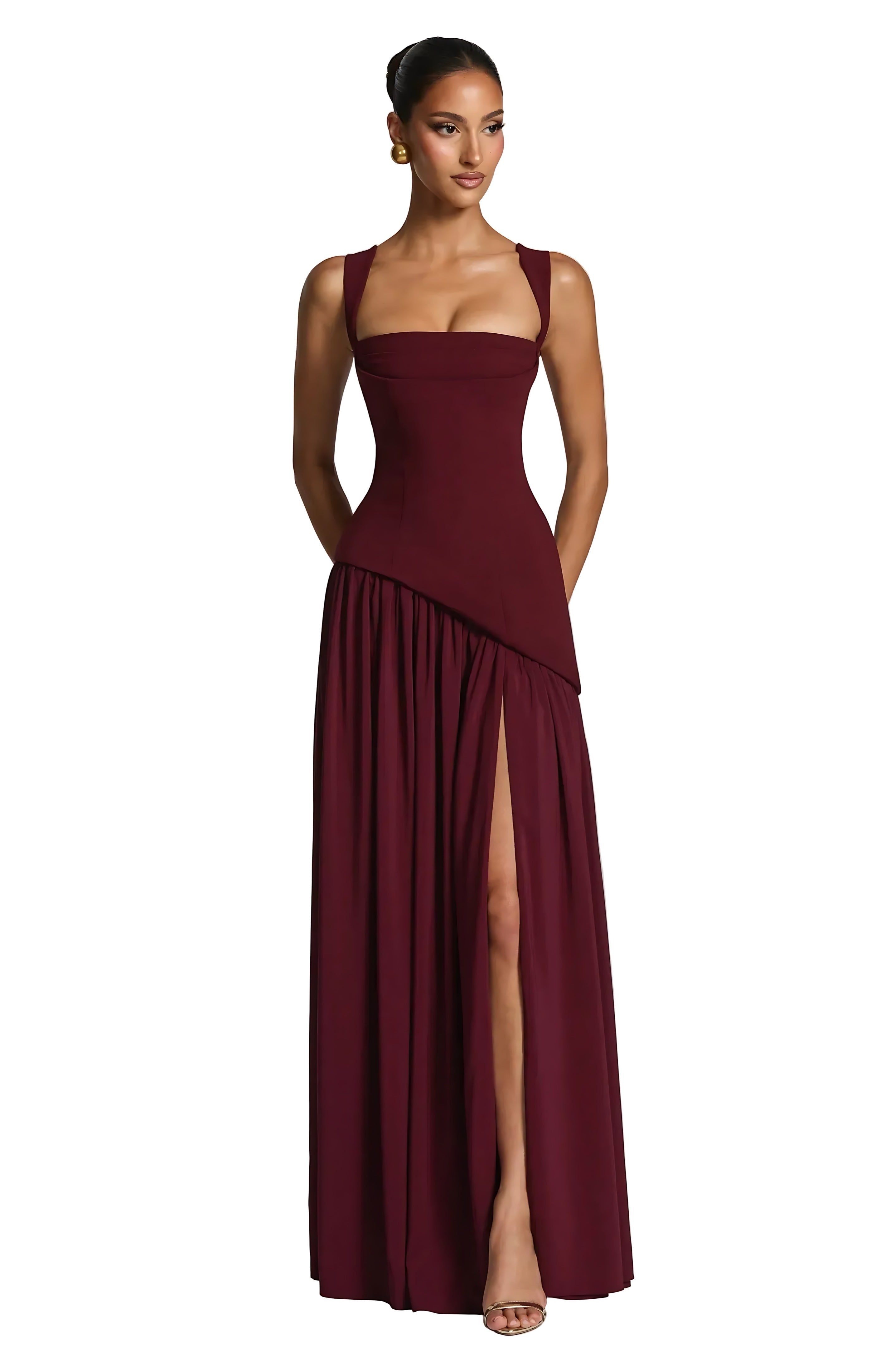 Lena – Square Neck Drop Waist Slit Evening Maxi Dress