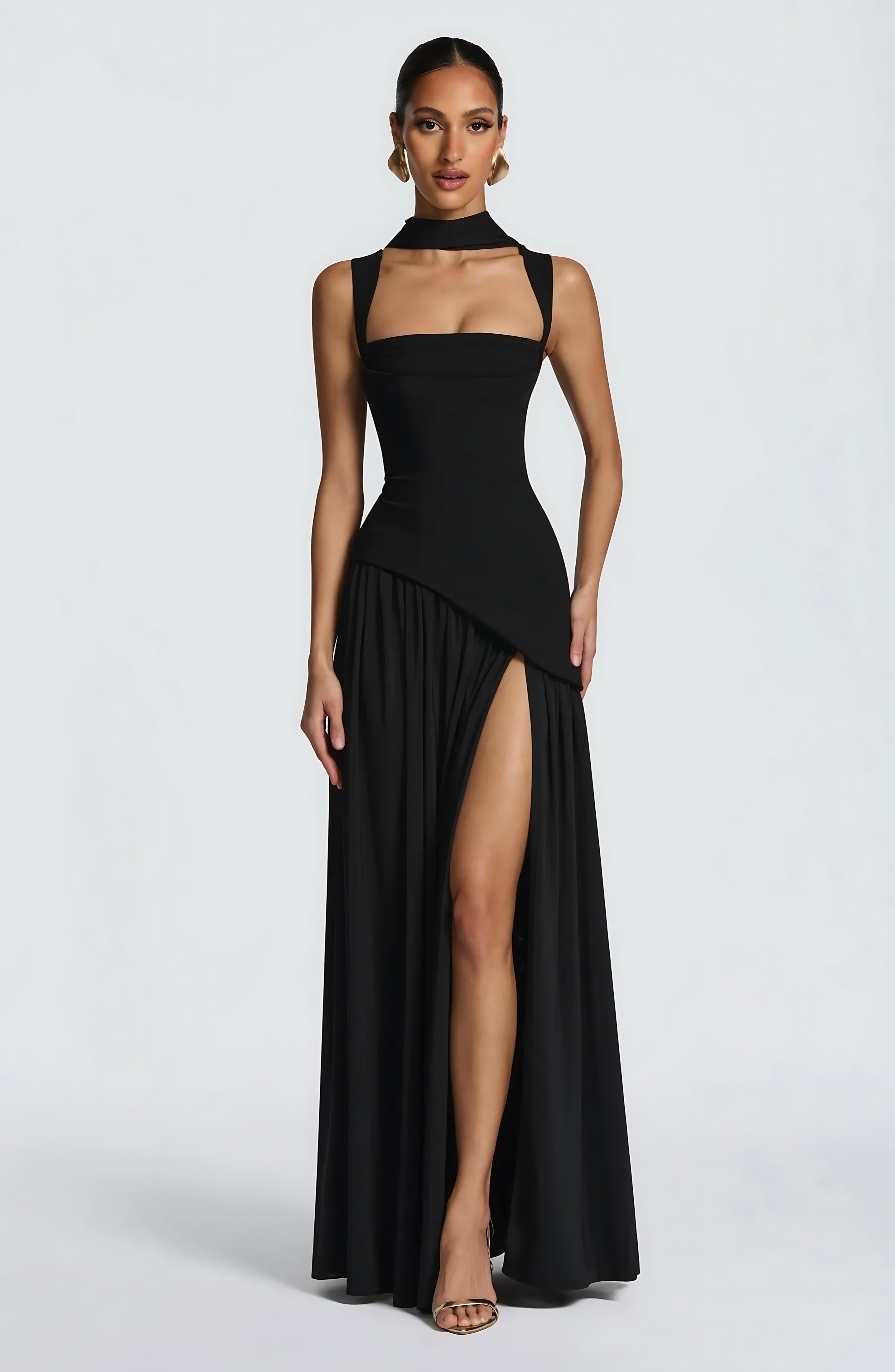 Lena – Square Neck Drop Waist Slit Evening Maxi Dress