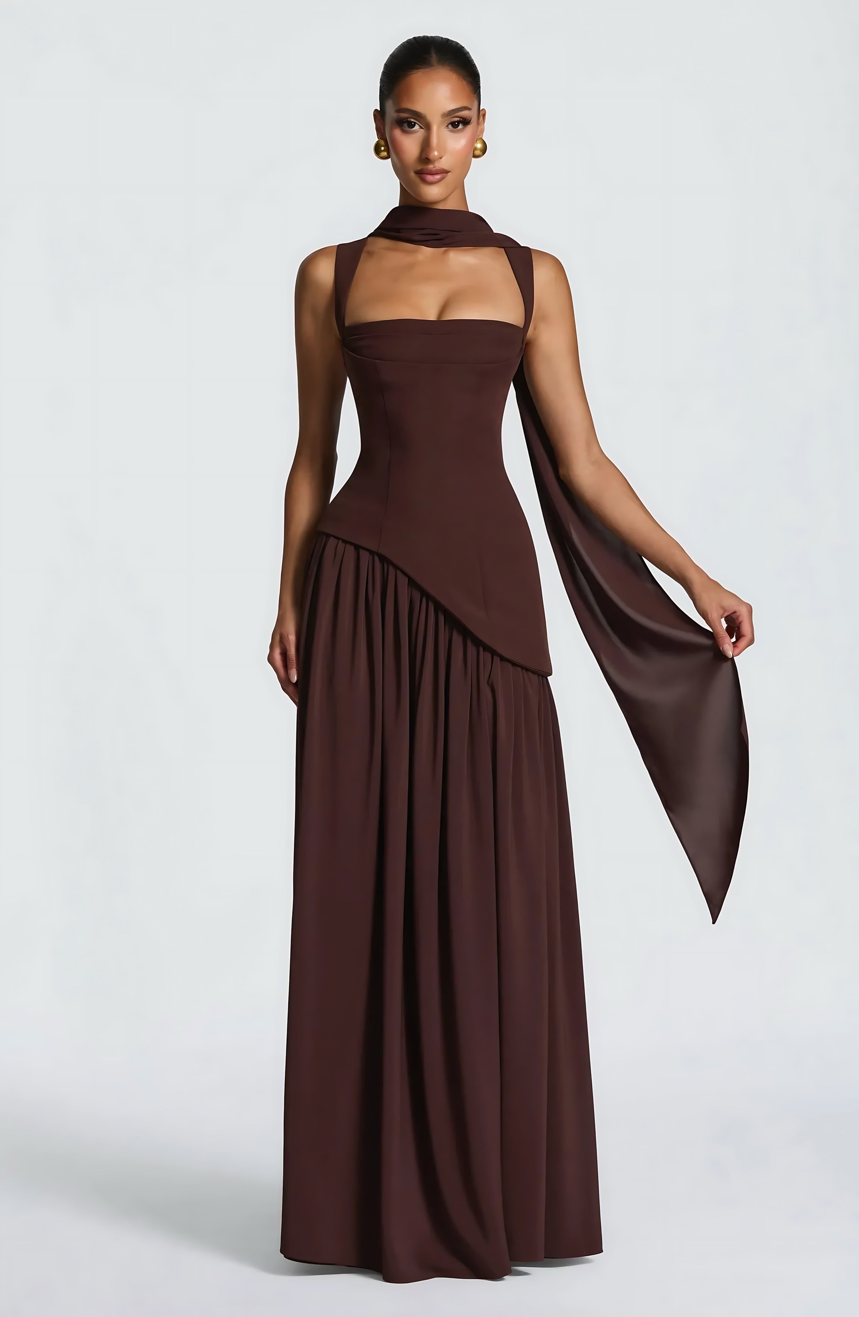 Lena – Square Neck Drop Waist Slit Evening Maxi Dress