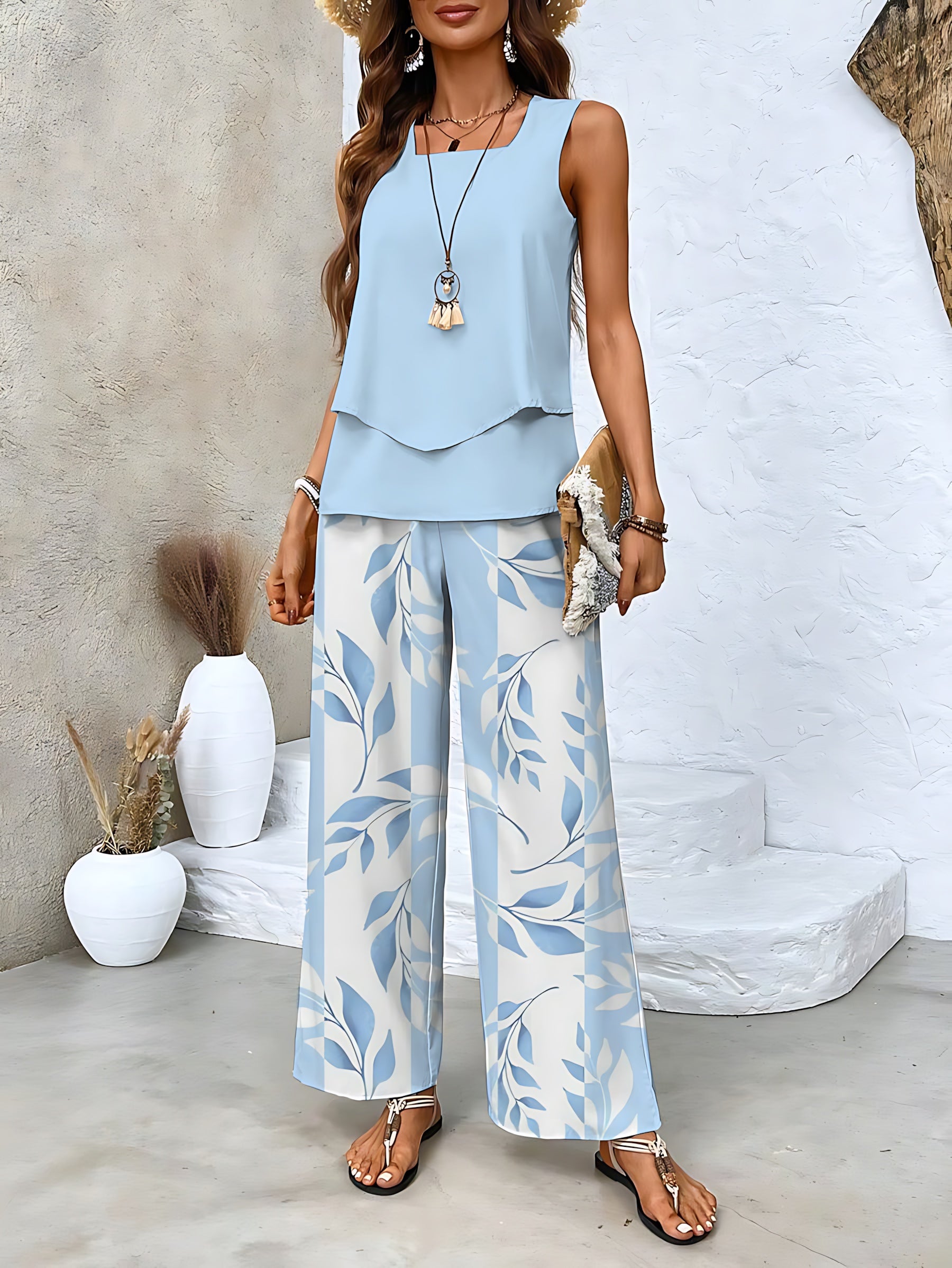 Lia – Layered Tank Top and Leaf Print Wide Leg Pants Set