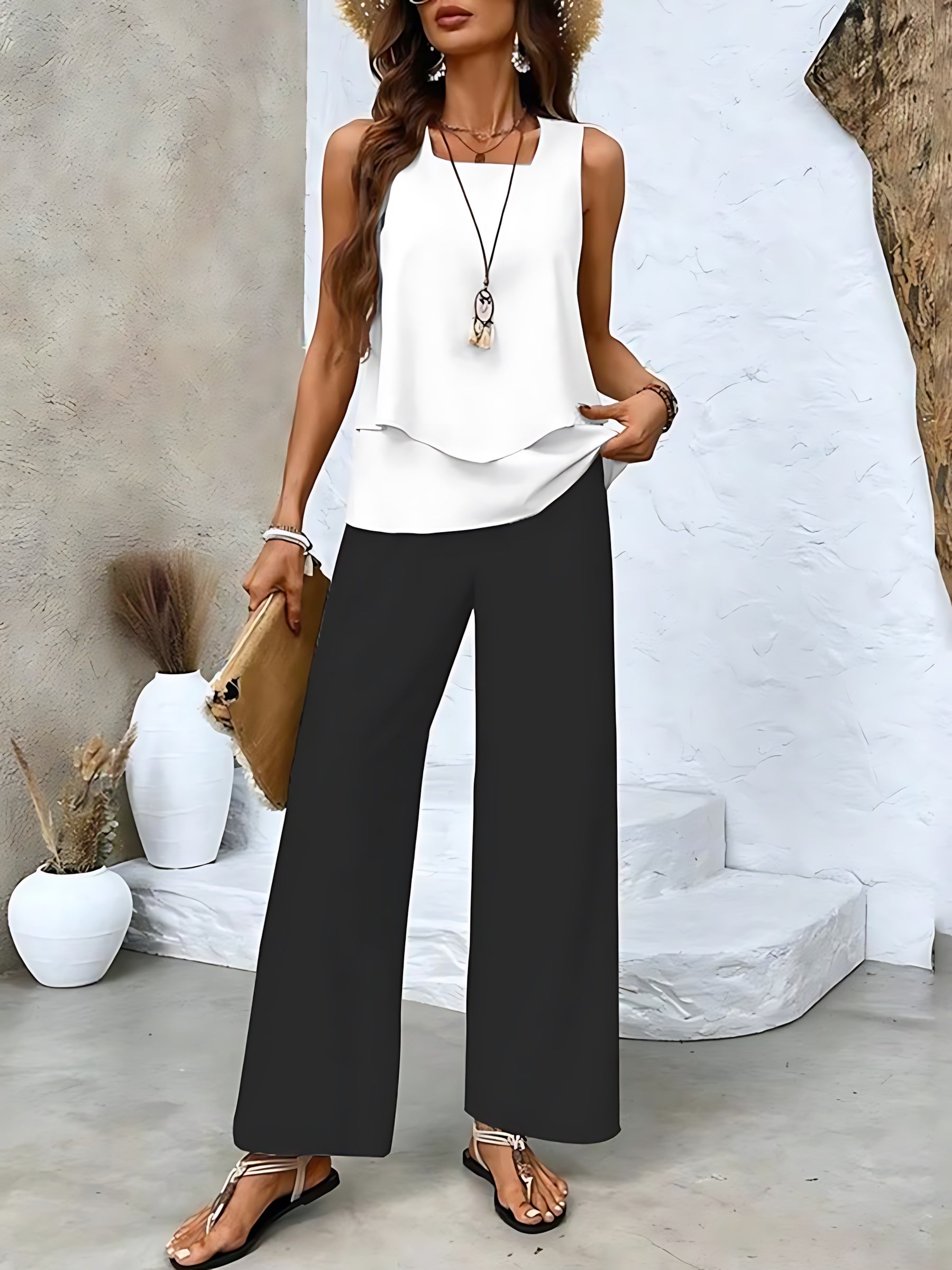 Lia – Layered Tank Top and Leaf Print Wide Leg Pants Set