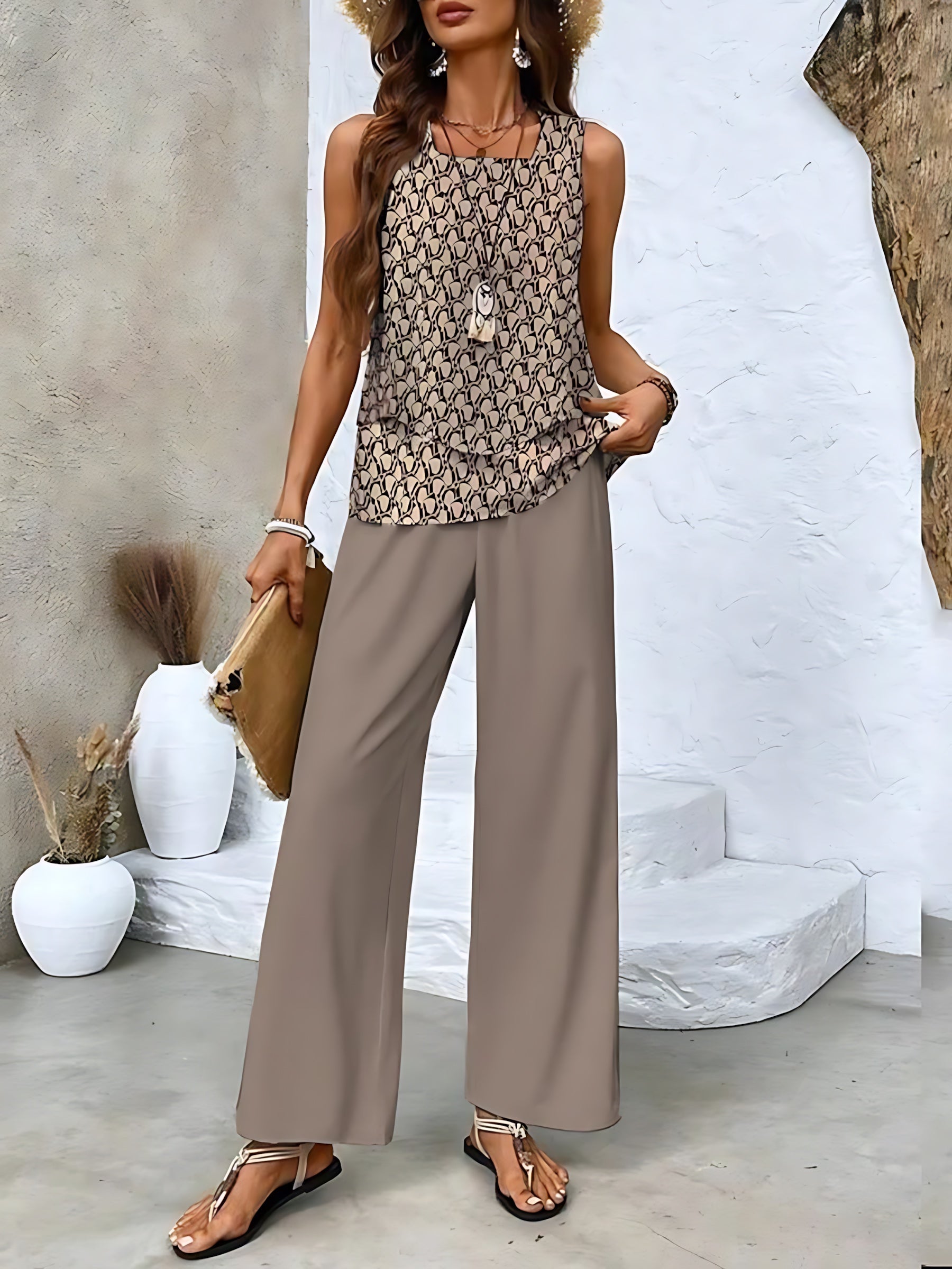 Lia – Layered Tank Top and Leaf Print Wide Leg Pants Set