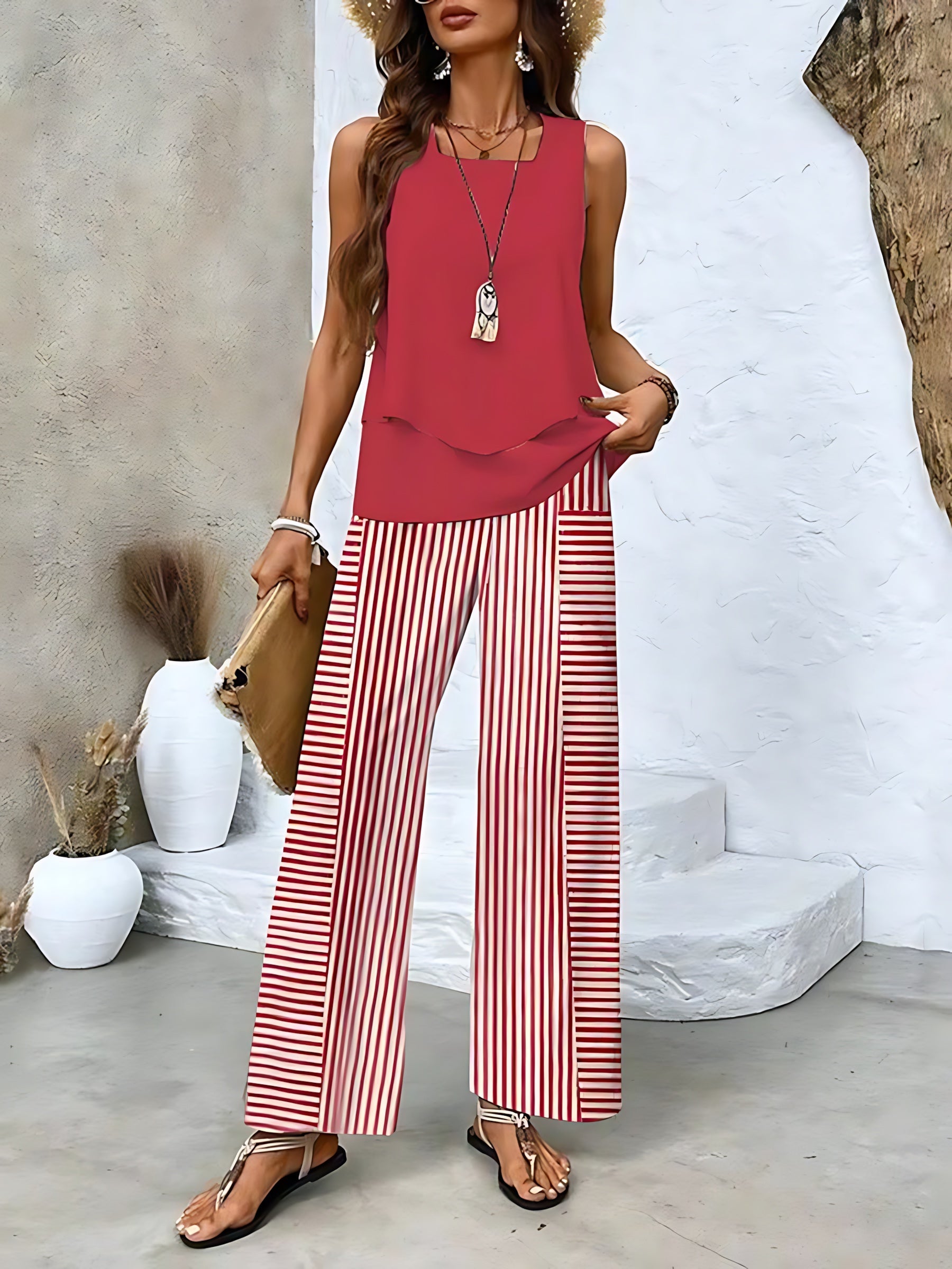 Lia – Layered Tank Top and Leaf Print Wide Leg Pants Set