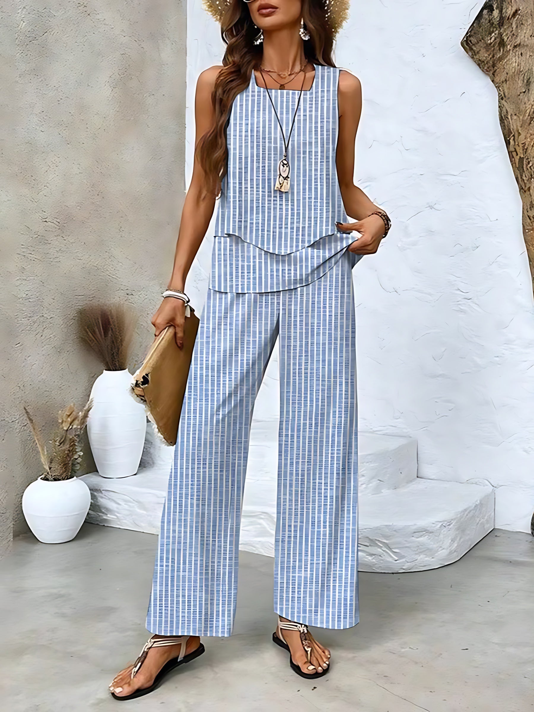 Lia – Layered Tank Top and Leaf Print Wide Leg Pants Set