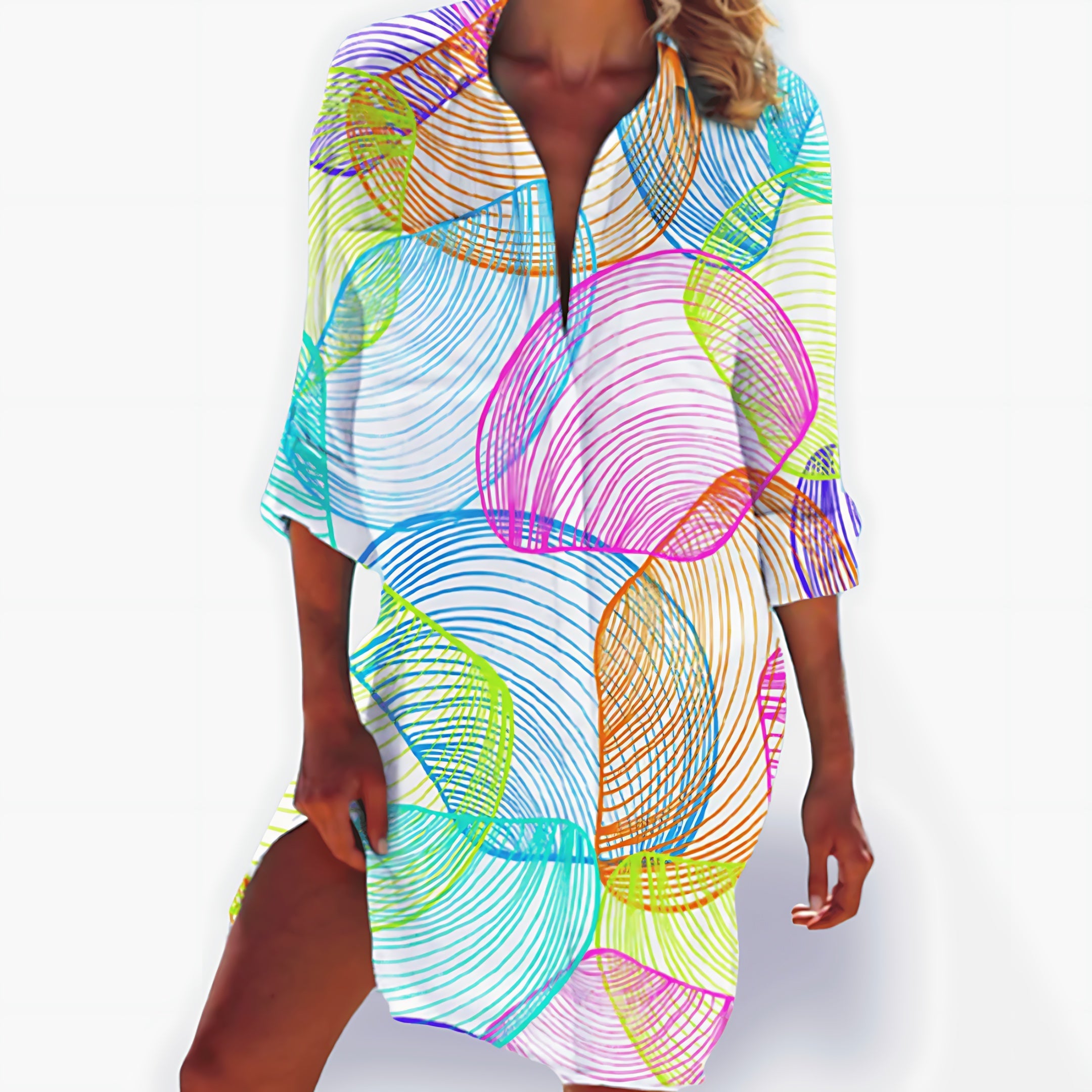 Lia – Tie Dye 3/4 Sleeve Tunic Mini Shirt Dress