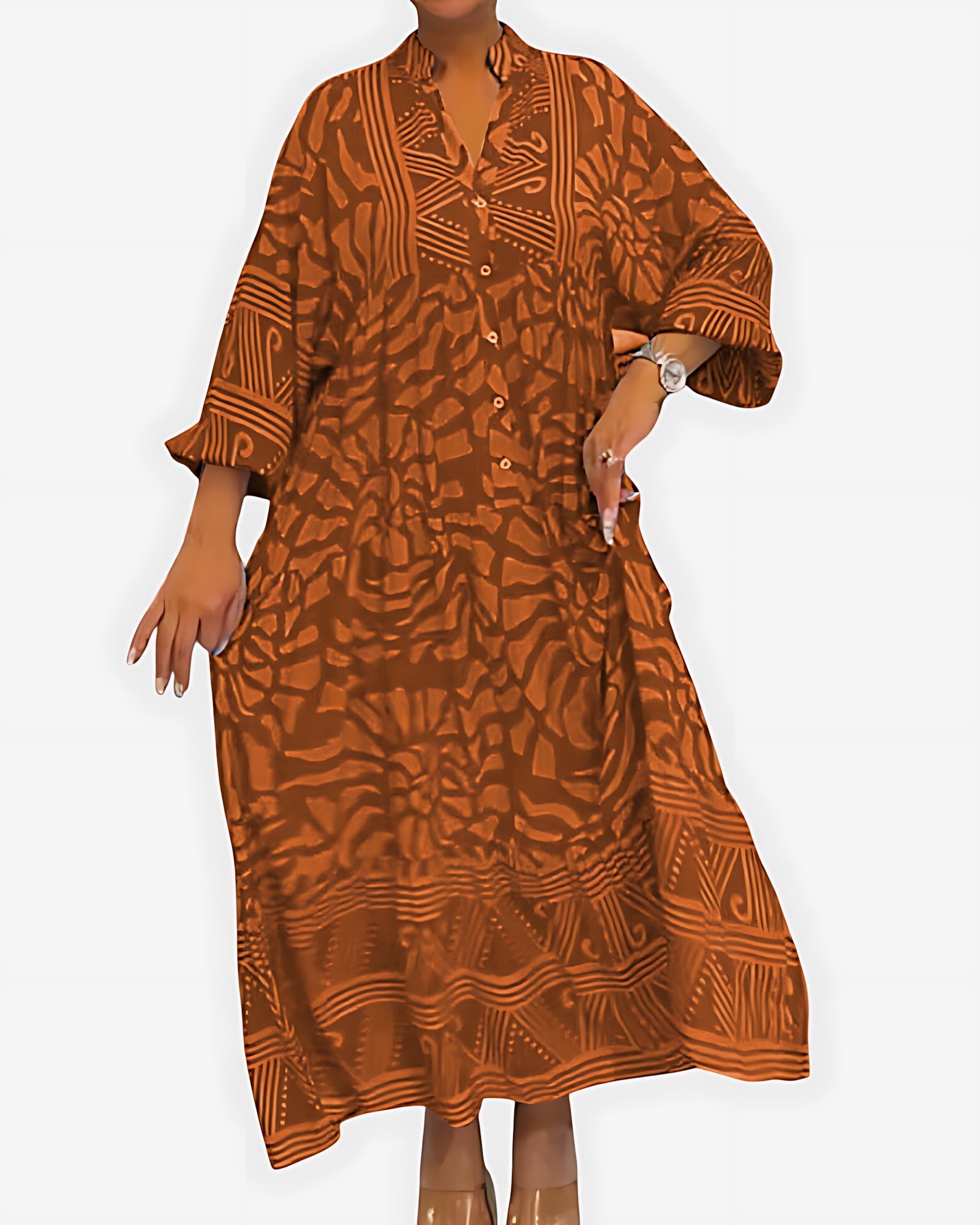 Lilah – Abstract Print V Neck Boho Midi Dress