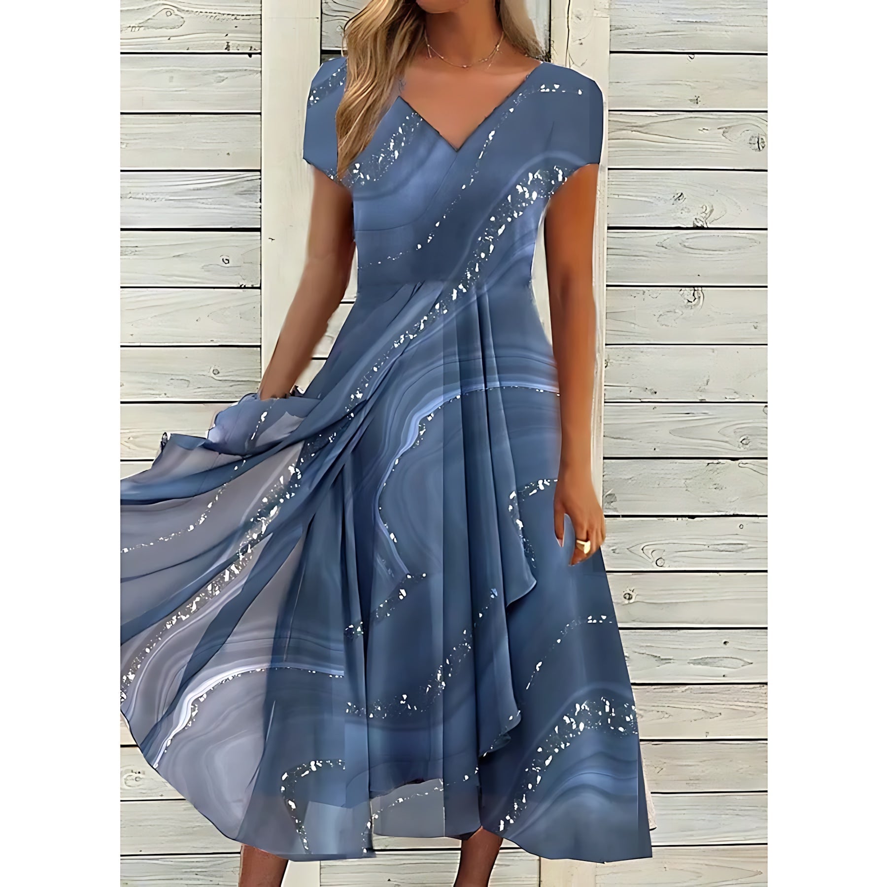 Lilah – Abstract Print V Neck High Low Midi Dress