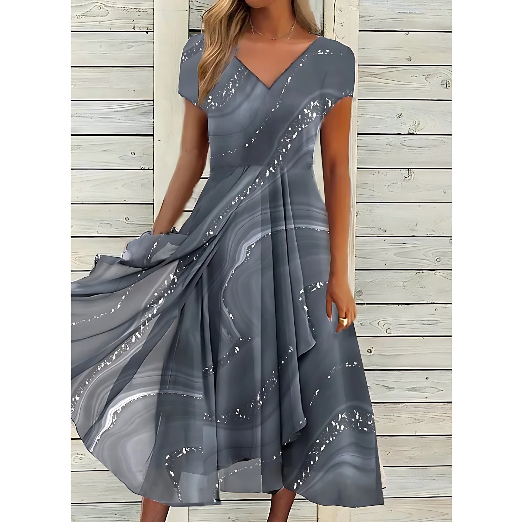 Lilah – Abstract Print V Neck High Low Midi Dress