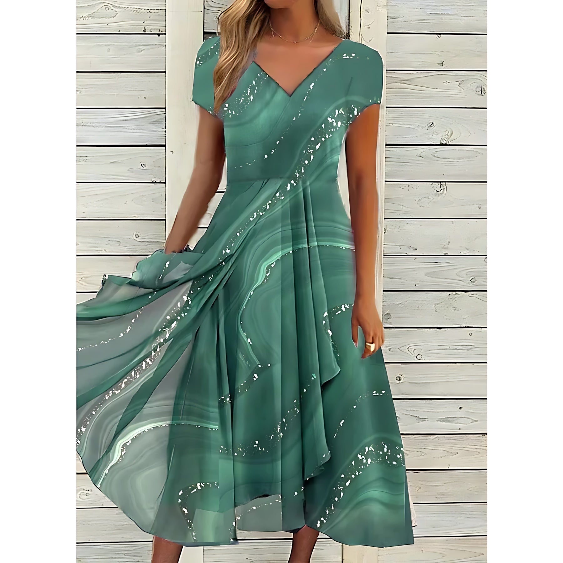 Lilah – Abstract Print V Neck High Low Midi Dress
