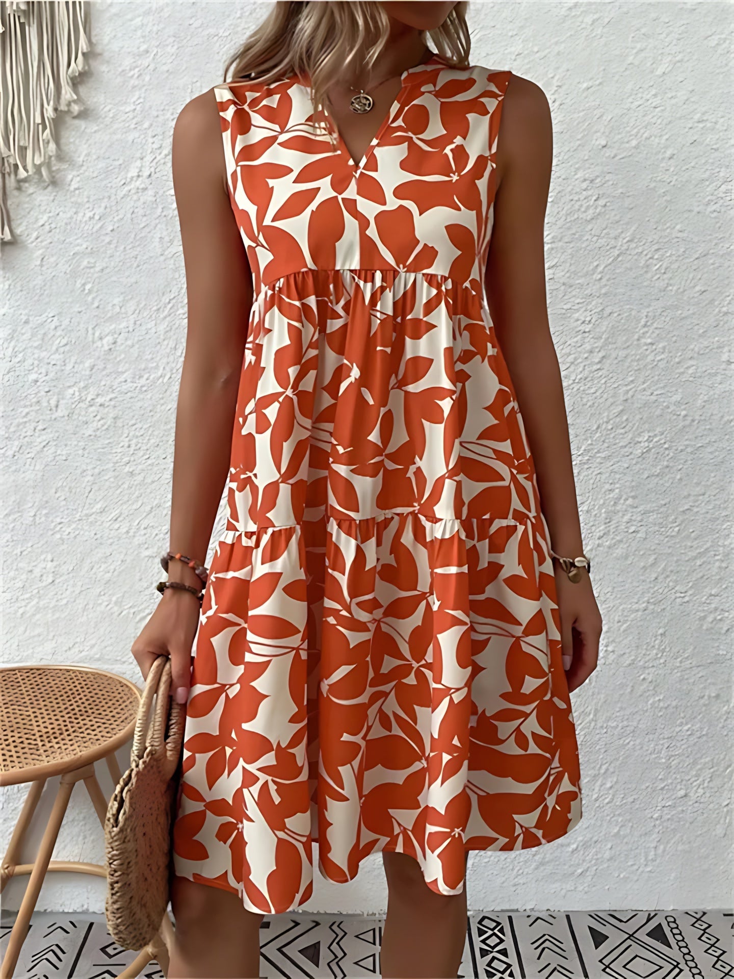 Lilah – Leaf Print V Neck A-Line Summer Dress
