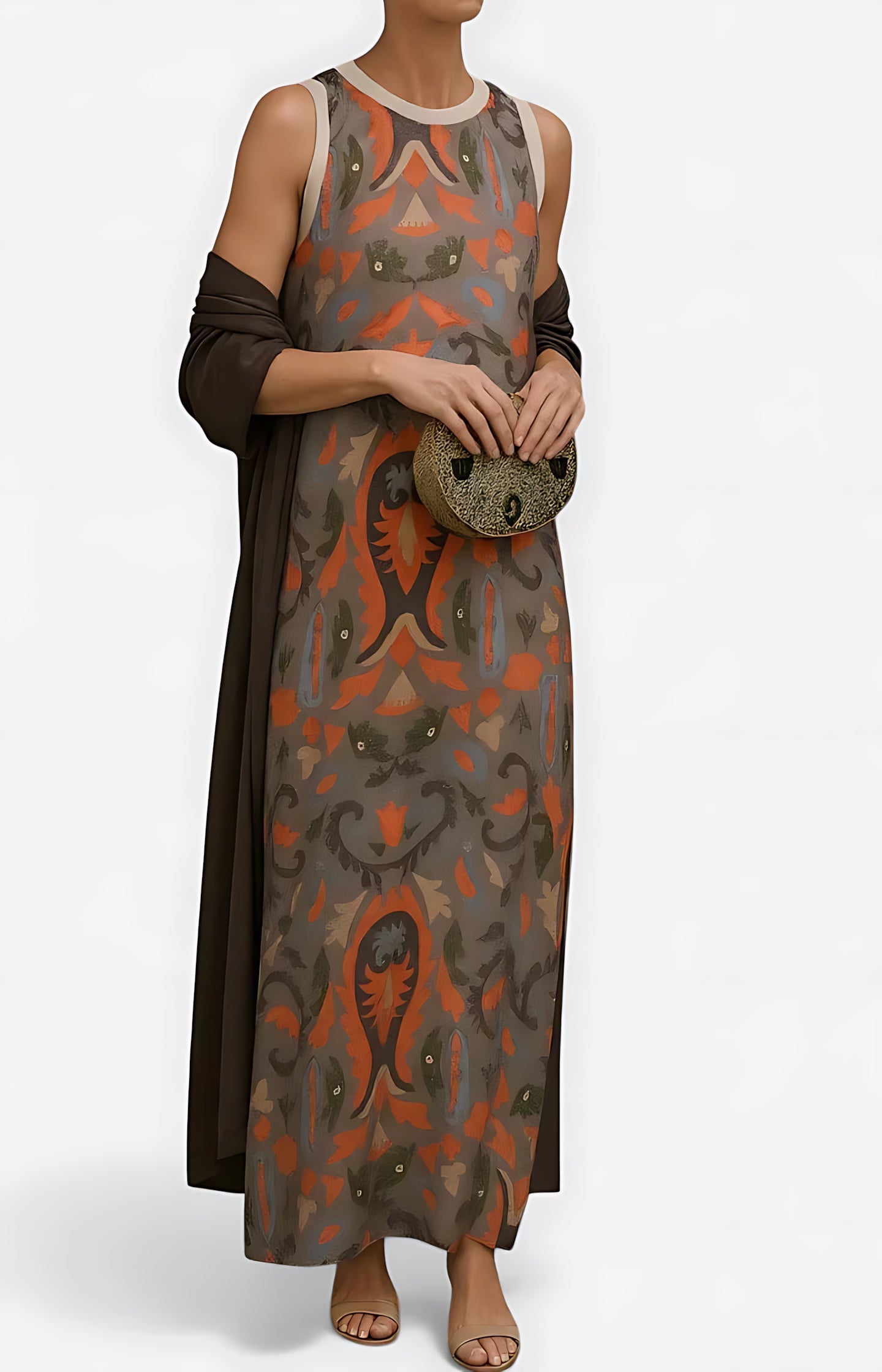 Liliana – Abstract Print Crew Neck Maxi Dress