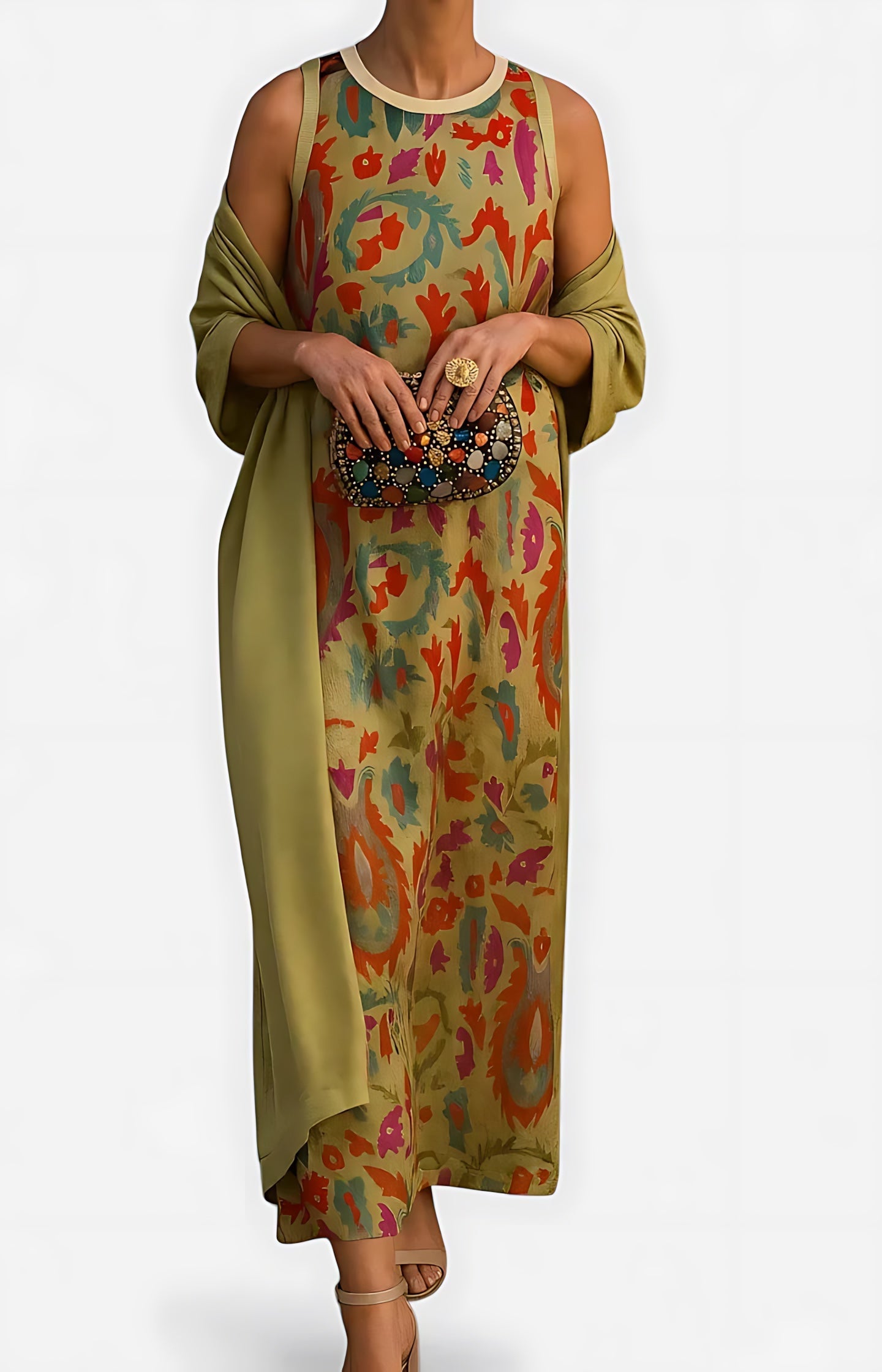 Liliana – Abstract Print Crew Neck Maxi Dress