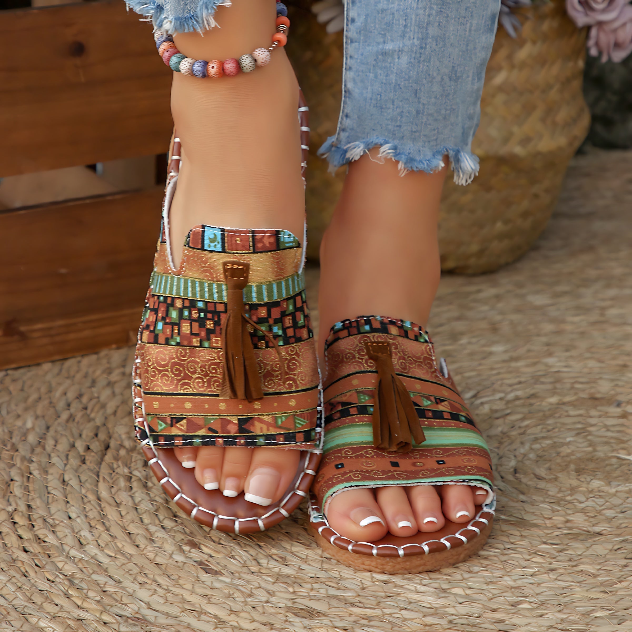 Liliana – Boho Print Tassel Slide Sandals