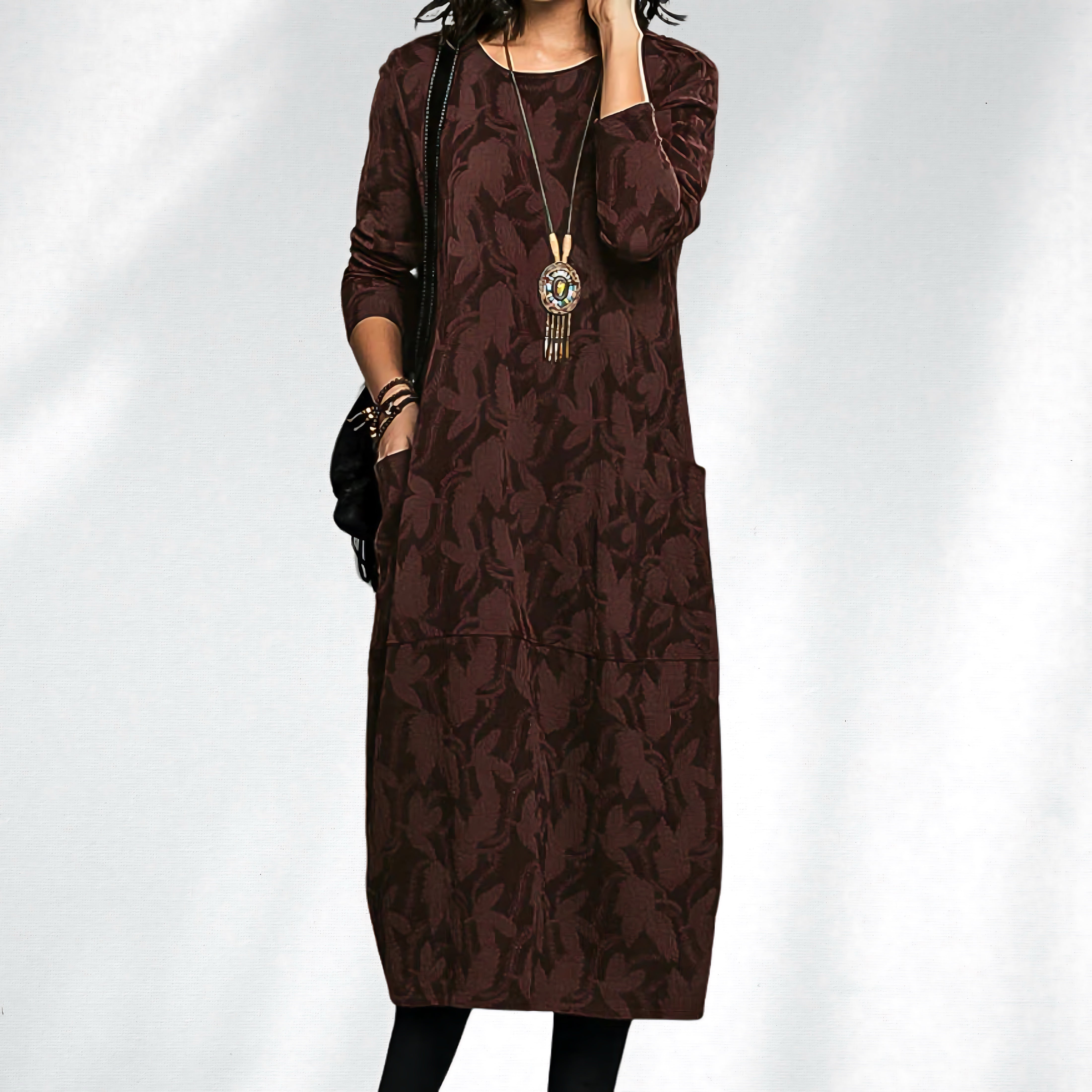 Liliana – Crew Neck Long Sleeve Knit Midi Dress