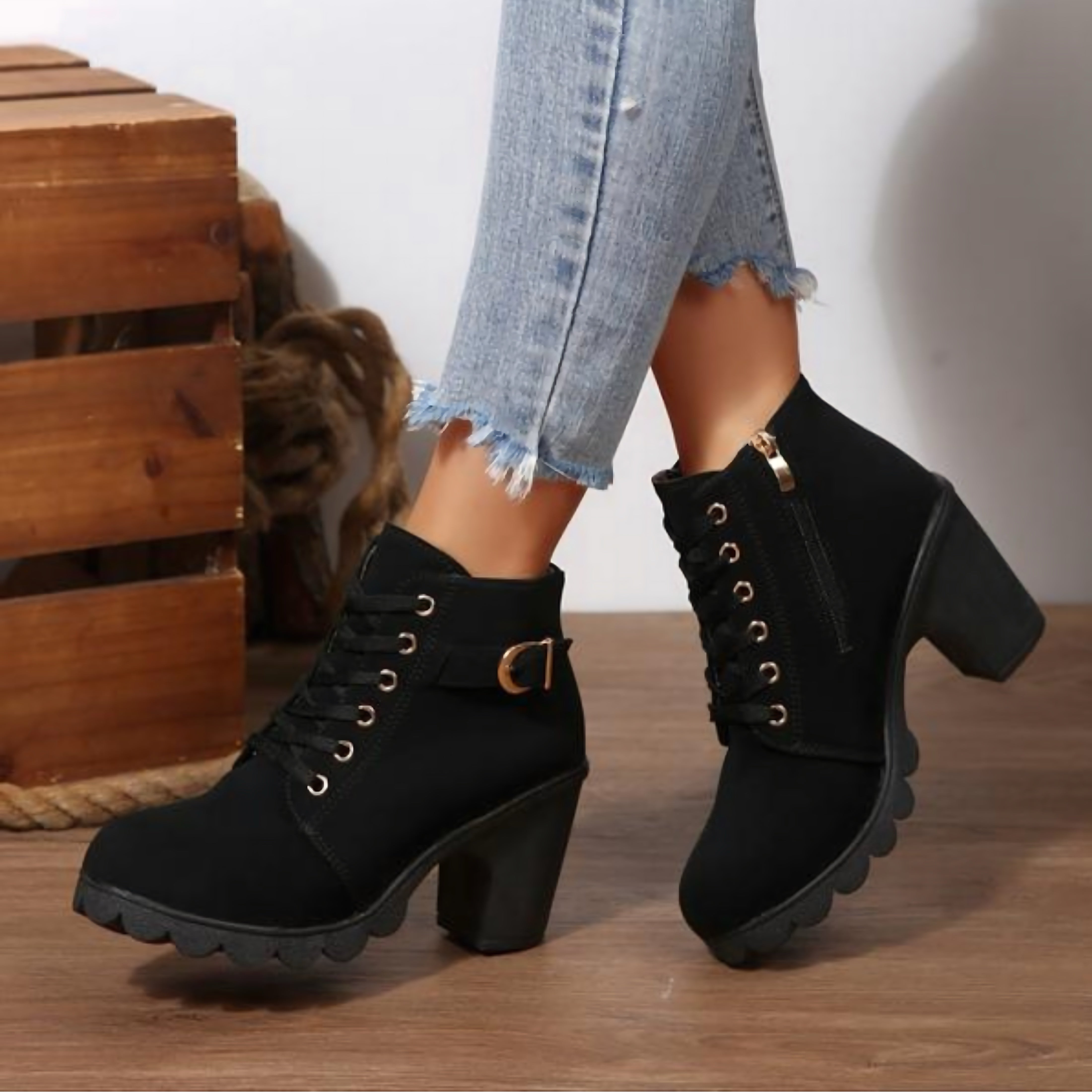 Liliana – Suede Lace Up Chunky Heel Ankle Boots