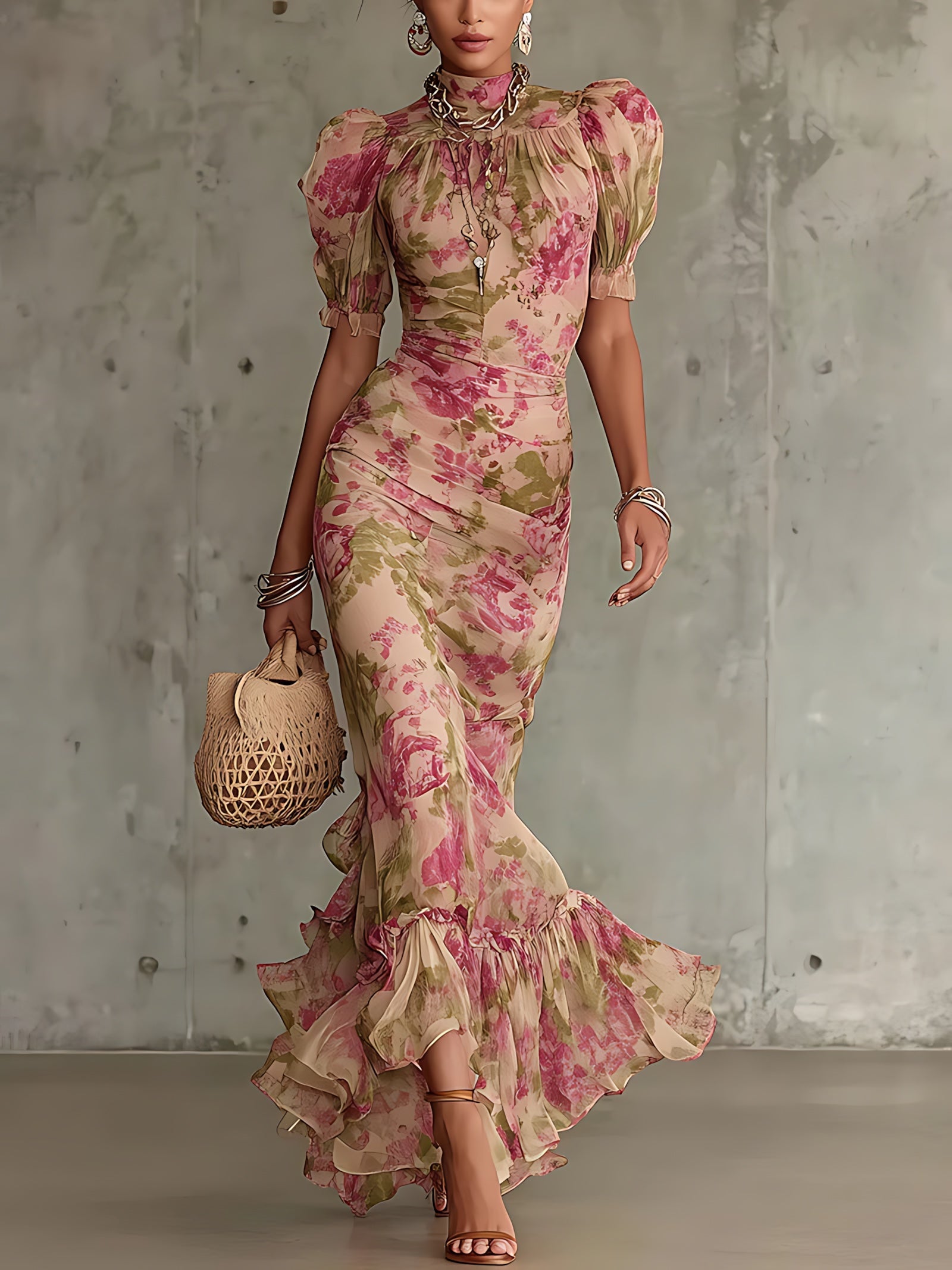 Lillian – Floral Print Mock Neck Ruffle Maxi Dress