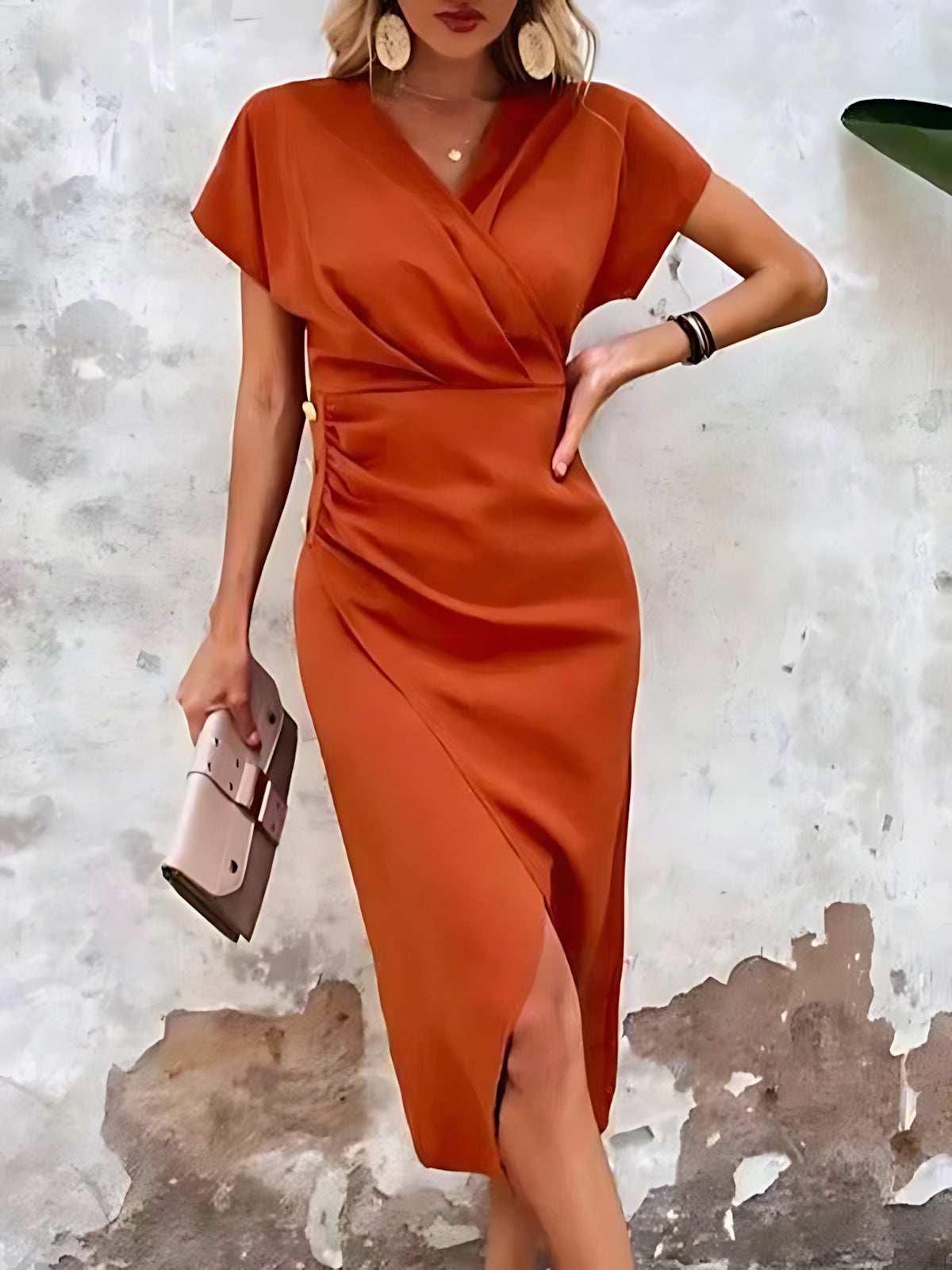 Lillian – Satin Wrap Ruched Wedding Guest Midi Dress