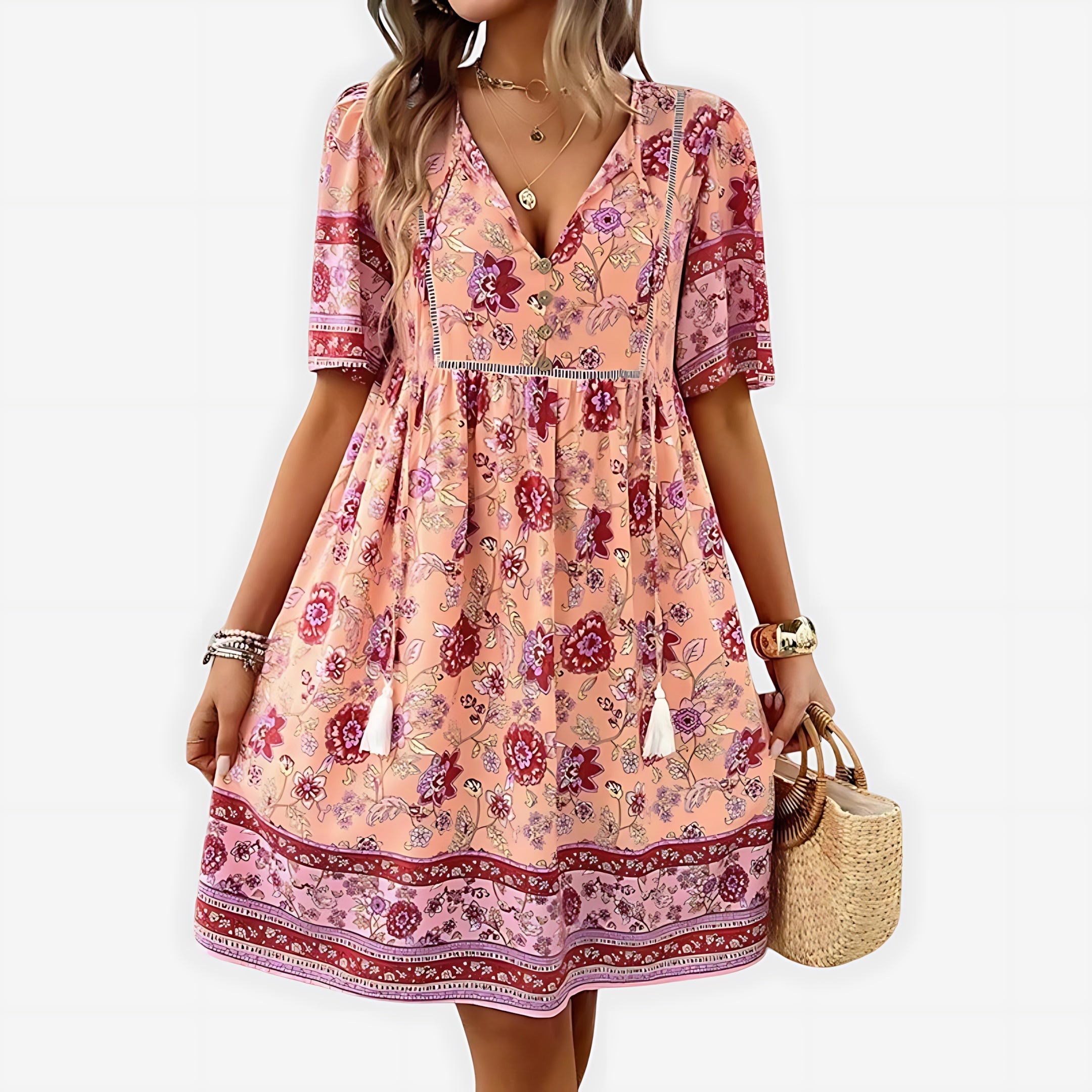 Lily – Boho Floral Print V Neck Mini Dress