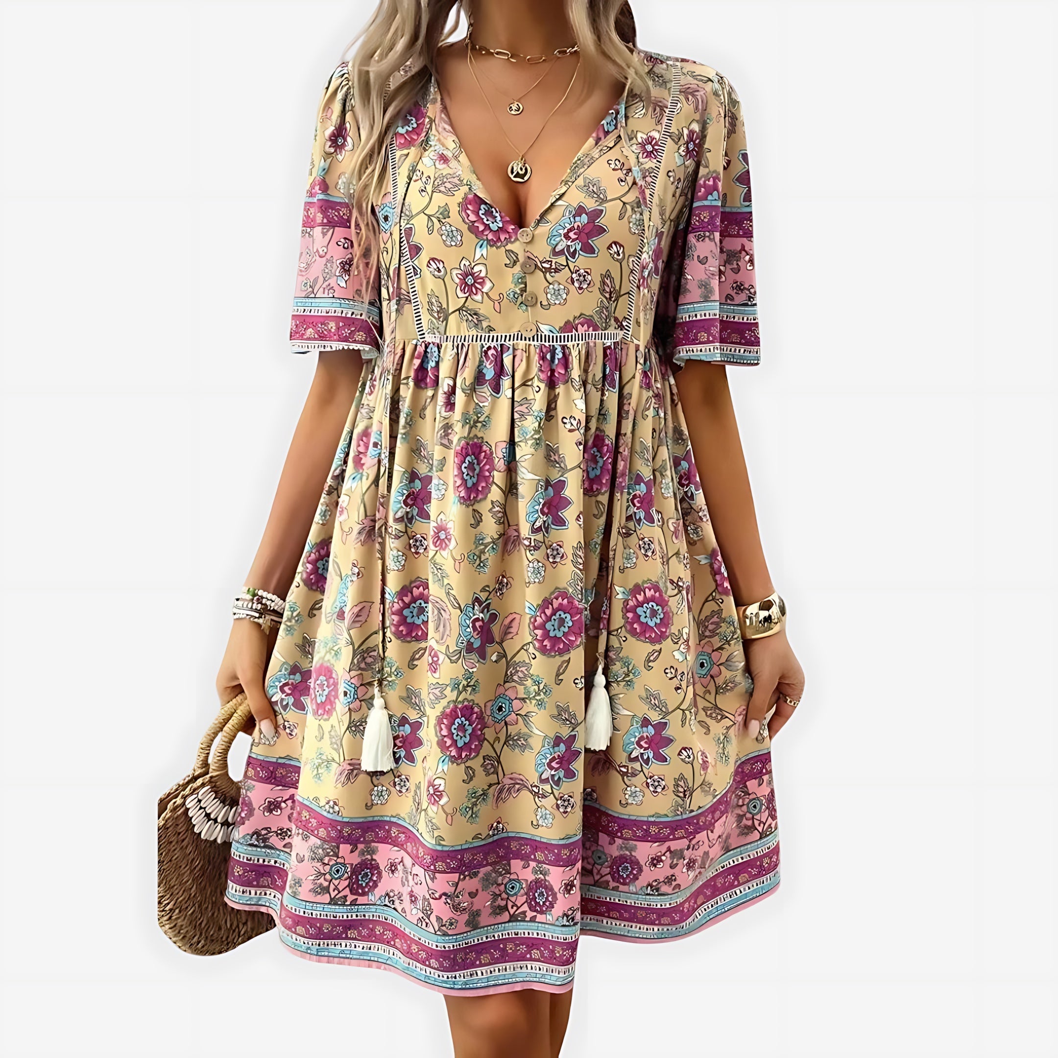 Lily – Boho Floral Print V Neck Mini Dress
