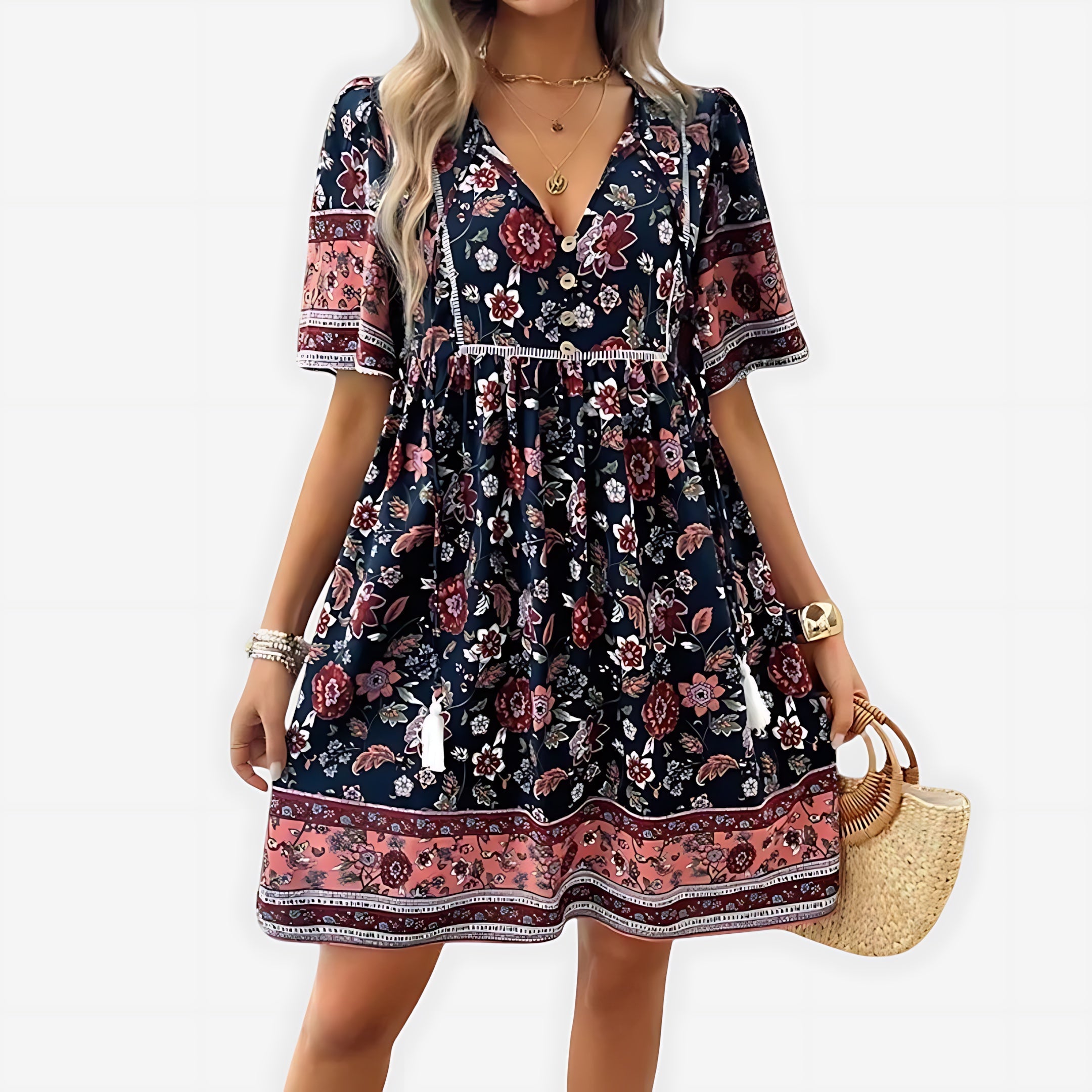 Lily – Boho Floral Print V Neck Mini Dress