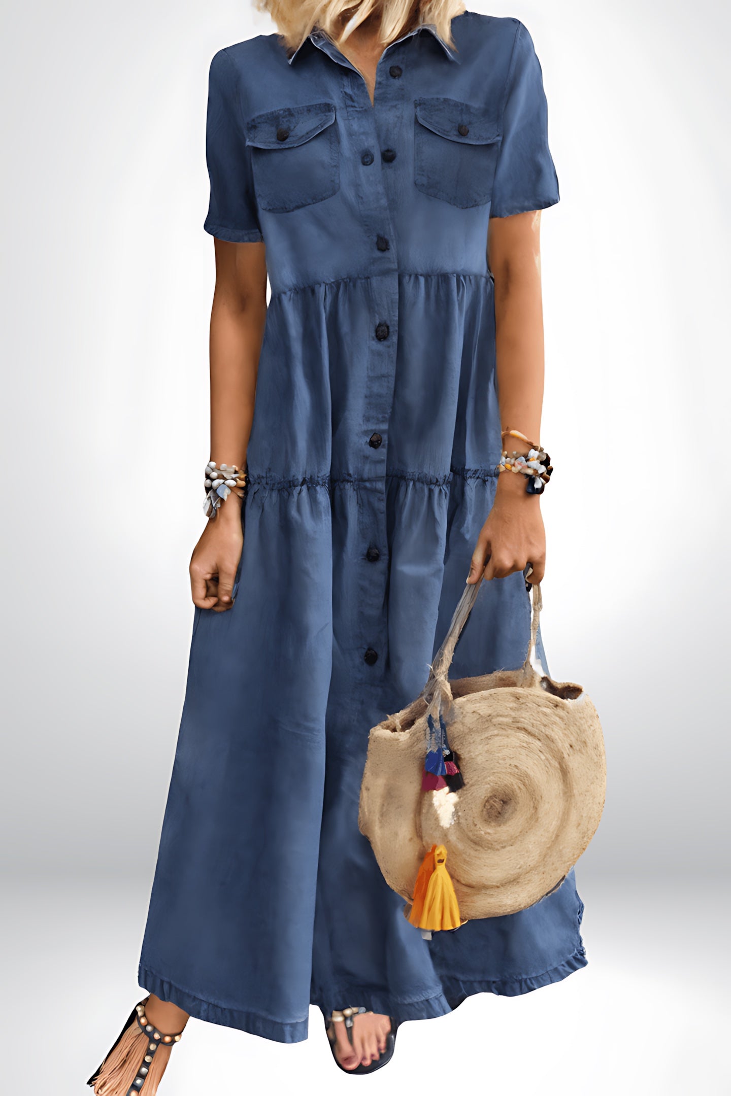 Lily – Denim Collared Tiered Maxi Shirt Dress