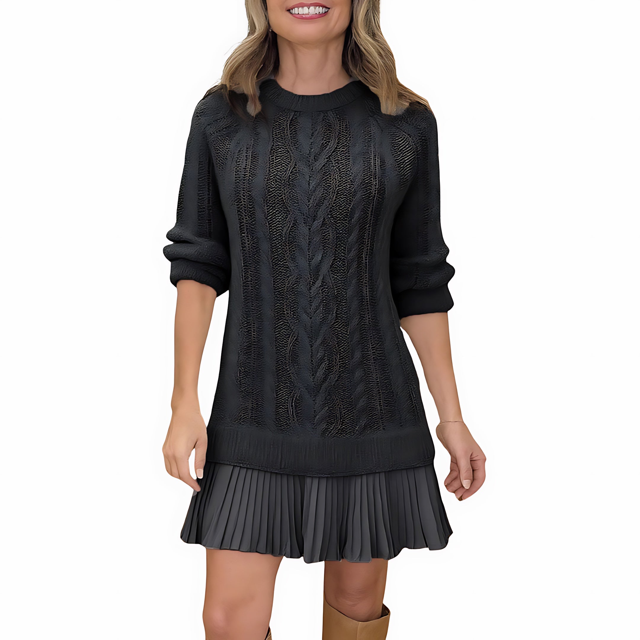 Lola – Cable Knit Ruffle Hem Mini Sweater Dress