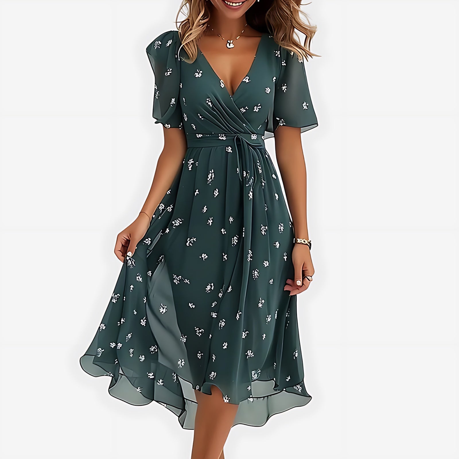 Lola – Floral Wrap V Neck Ruffle Midi Dress