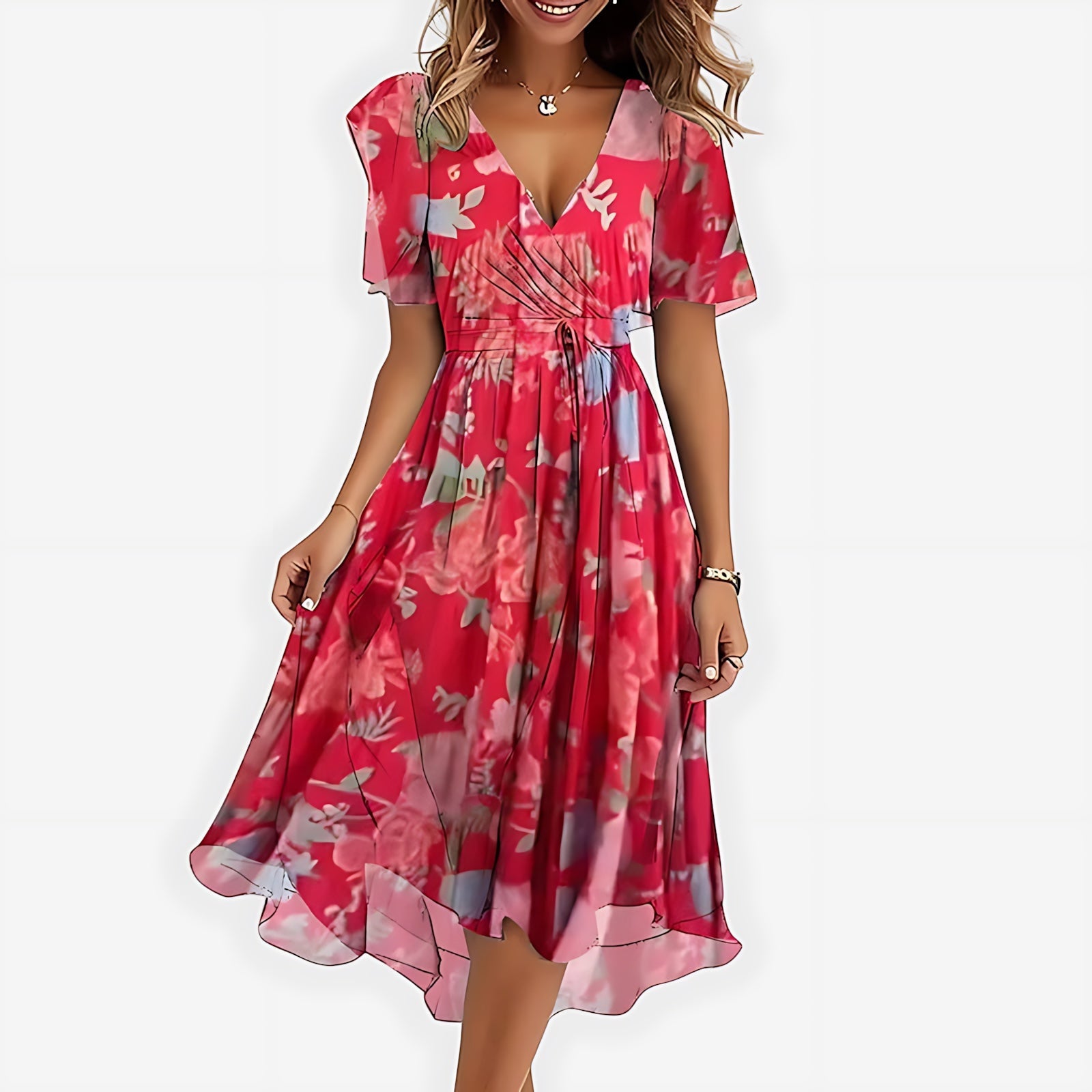 Lola – Floral Wrap V Neck Ruffle Midi Dress